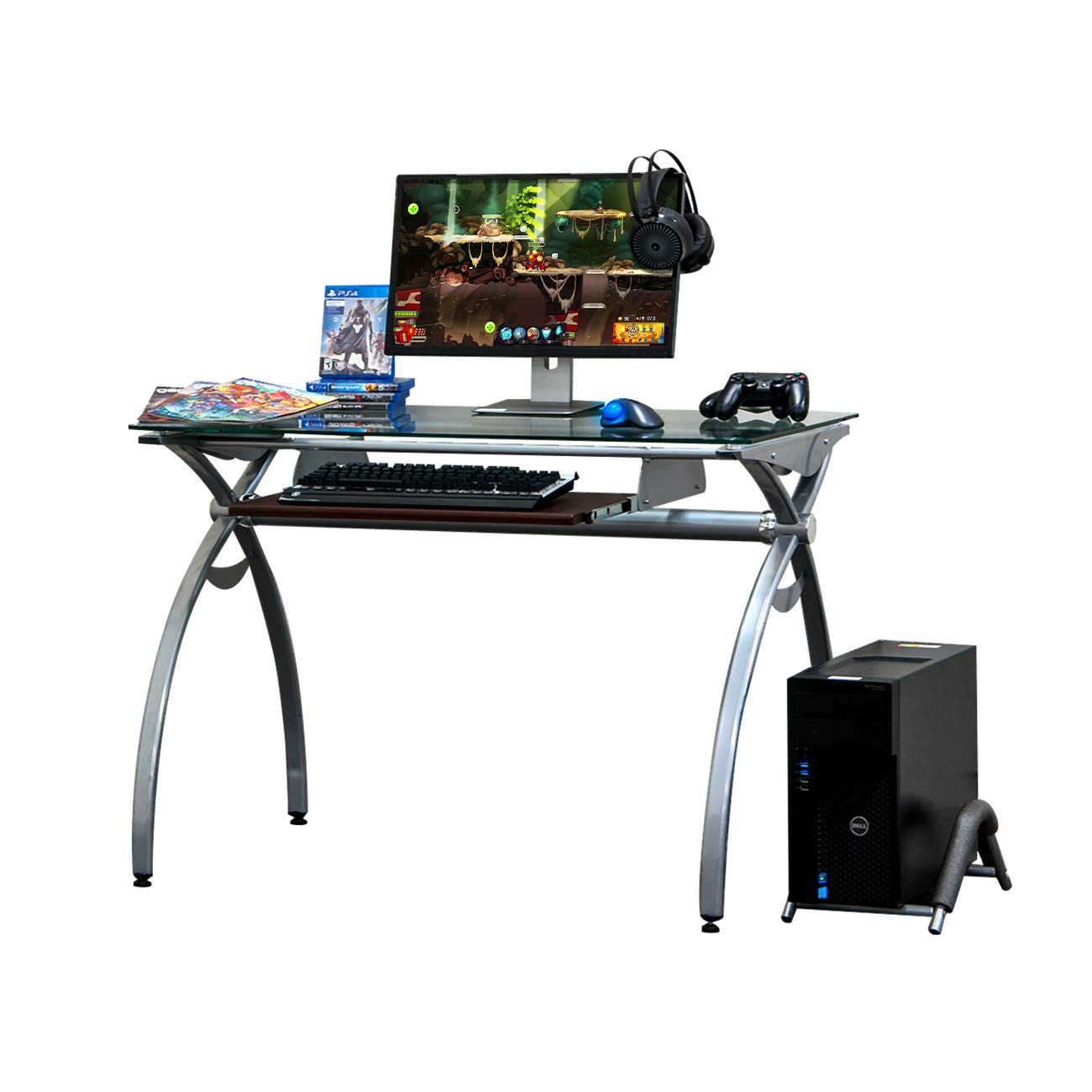 TECHNI SPORT Arcadia Style Gaming Desk - Compact Computer Desk with Tempered Glass Surface - Perfect for Small Spaces & PC Gaming Setup