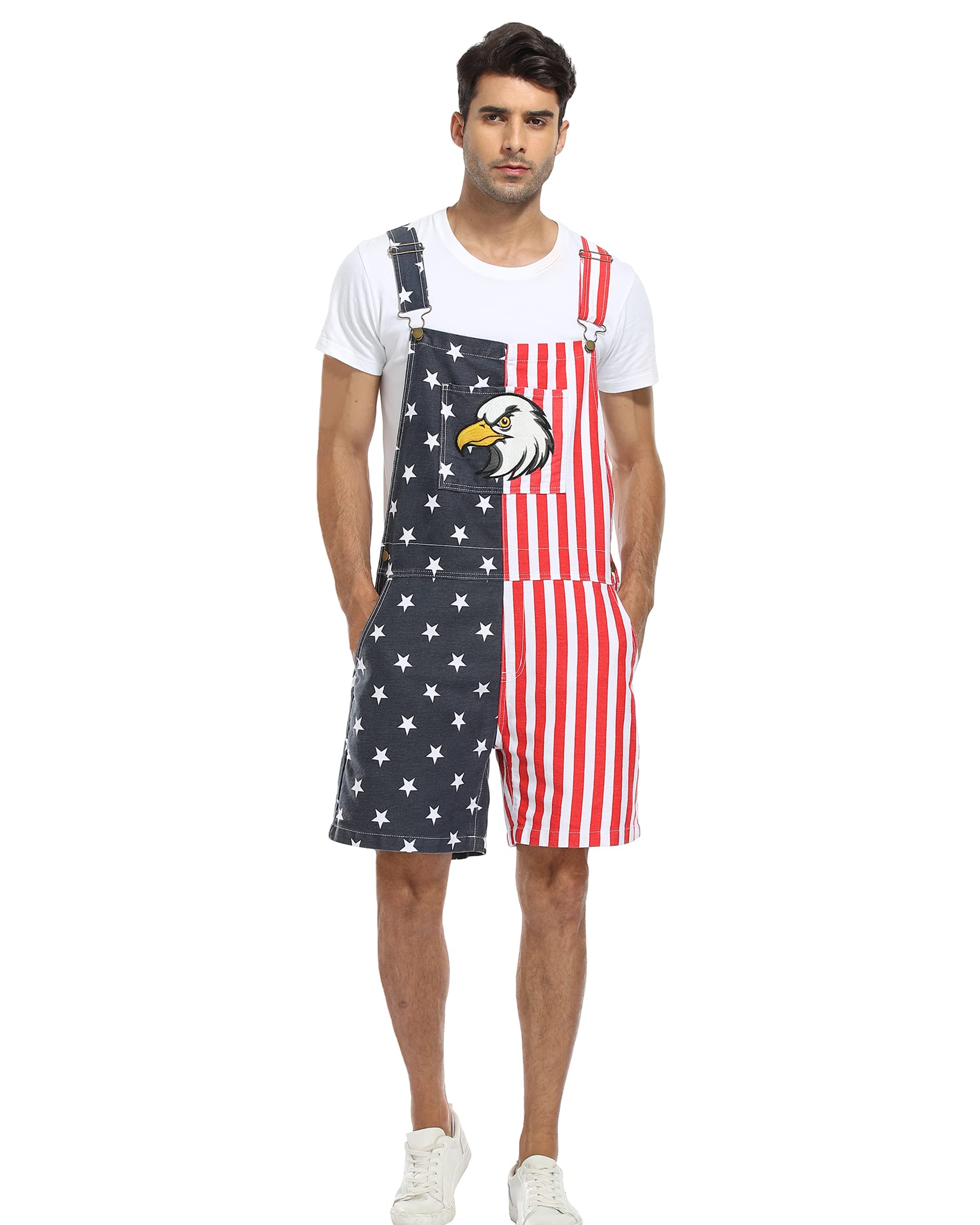 American Flag Denim Overalls Bib Shorts - Adjustable Strap Romper Jumpsuit for Men & Women | Casual Summer Wear, Workout Outfit, Patriotic Fashion