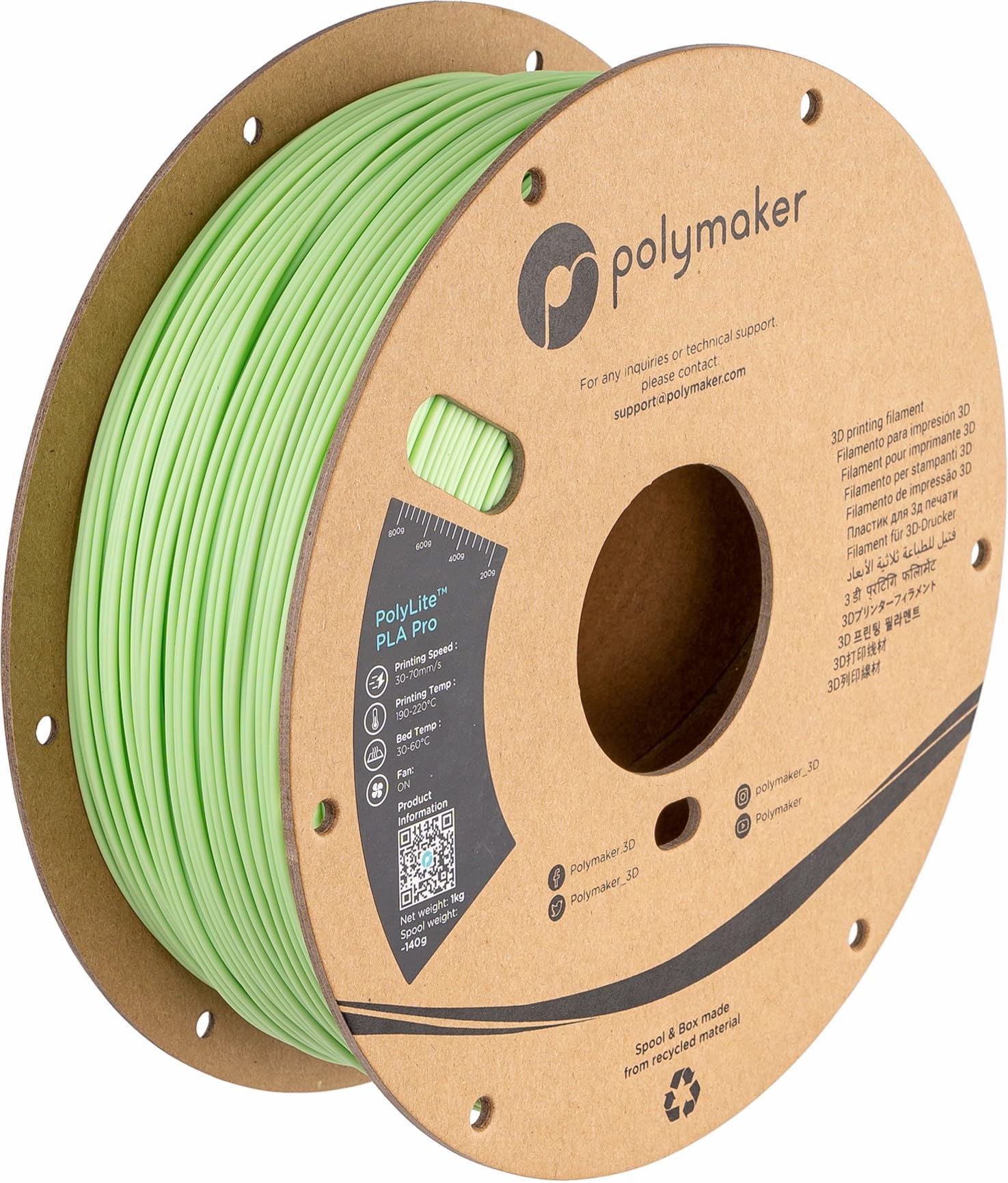 Polymaker PLA PRO 3D Printer Filament 1.75mm - 1kg Spool Light Green | High Strength, Tough & Rigid PLA Filament for Smooth 3D Printing | Ideal for Prototypes, DIY Projects & Functional Parts