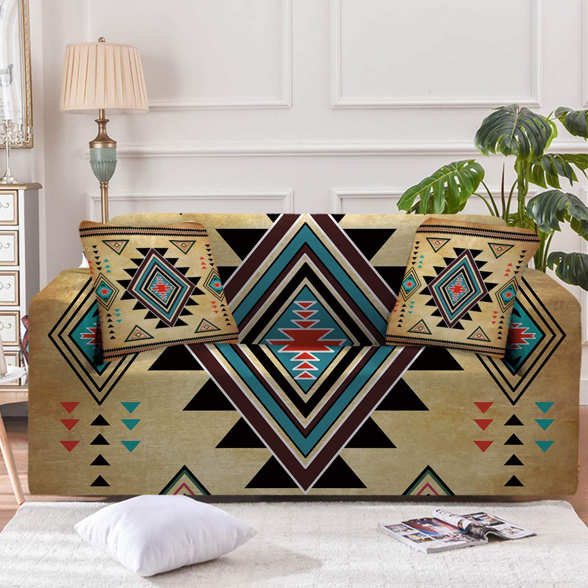 Sleepwish Southwestern Printed Stretch Sofa Slipcover - XL Size, Fits 3-Cushion Couch, Loveseat & Armchair | Includes 2 Free Pillow Covers | Durable Furniture Protector for Living Room, Family Room & Home Decor