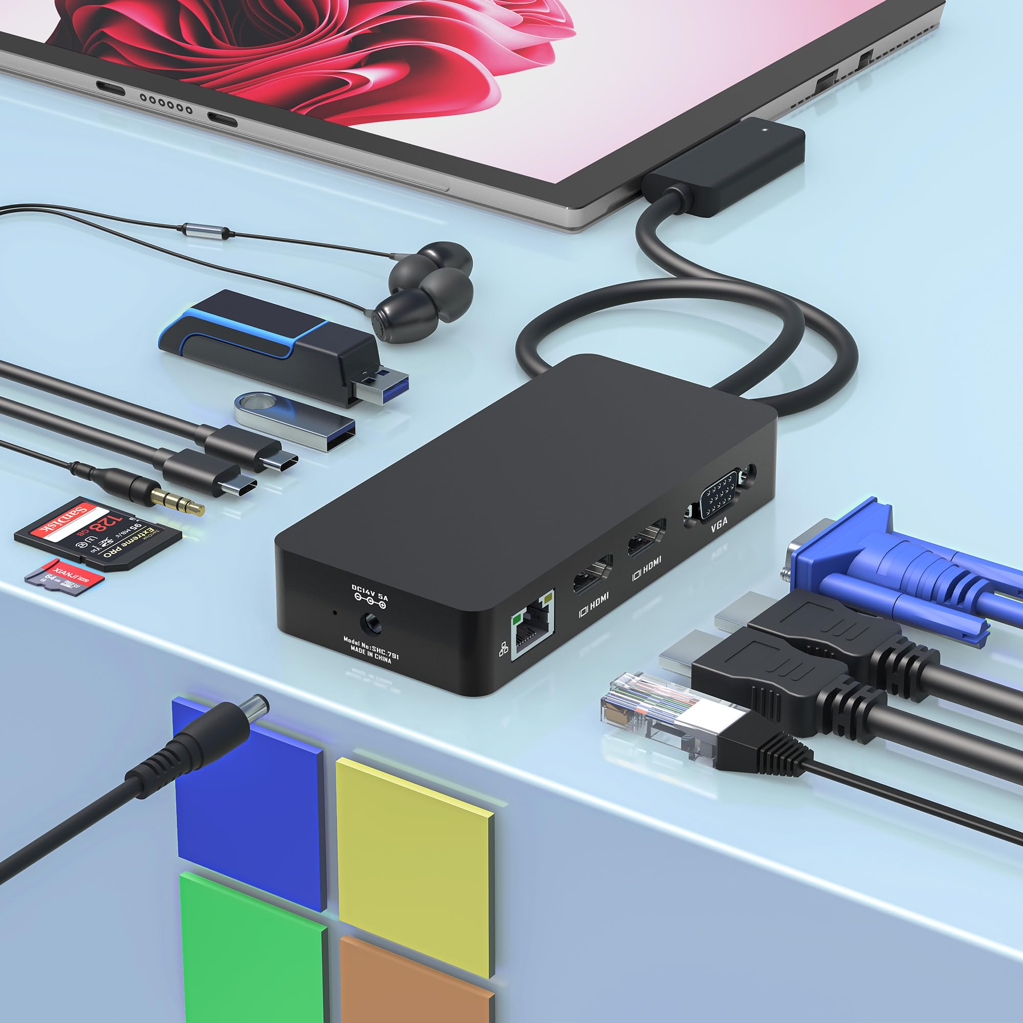 Microsoft Surface Docking Station 12-in-1 Triple Display Dock with 2 HDMI & VGA Ports - Compatible with Surface Pro 11/10/9/8/X/7/6/5/4/3, Surface Laptop 5/4/3/2/1, Surface Book 3/2 - Perfect for Home Office, Gaming & Multi-Monitor Workstations