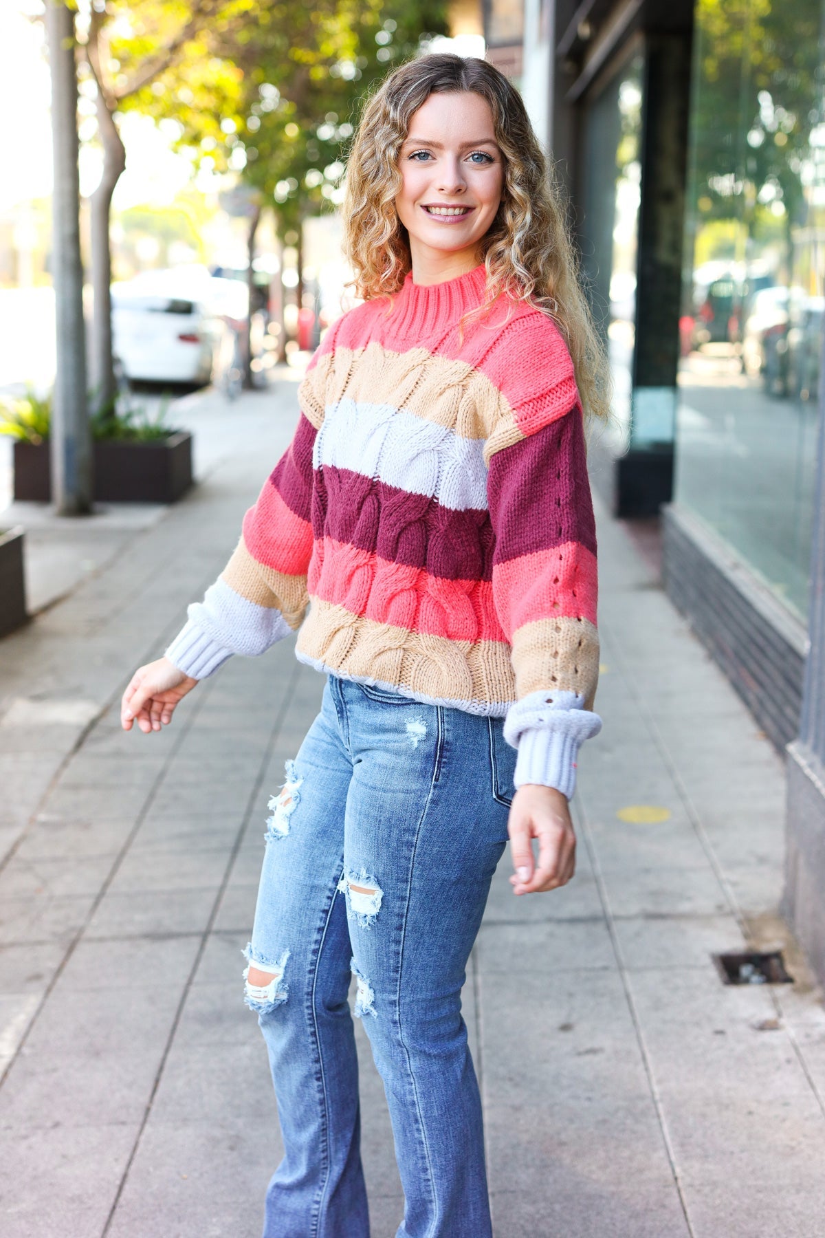 Rust & Multicolor Striped Cable Knit Mock Neck Sweater for Women | Cozy Fall & Winter Pullover | Perfect for Casual Outfits, Office Wear & Holiday Gatherings
