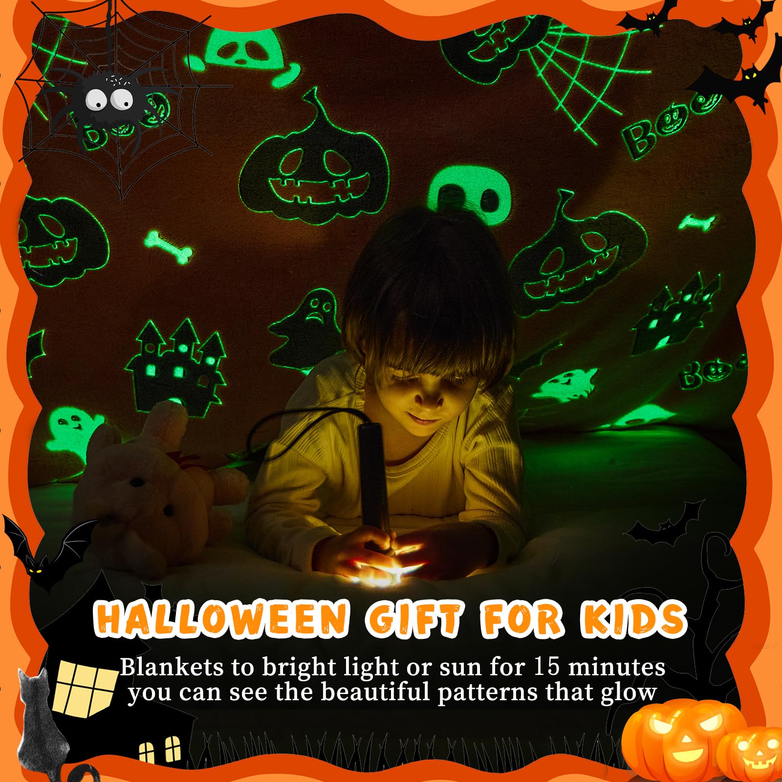 Glow in The Dark Halloween Blanket - Spooky Spider Web & Pumpkin Ghost Design, Soft Plush Throw Blanket for Kids (50