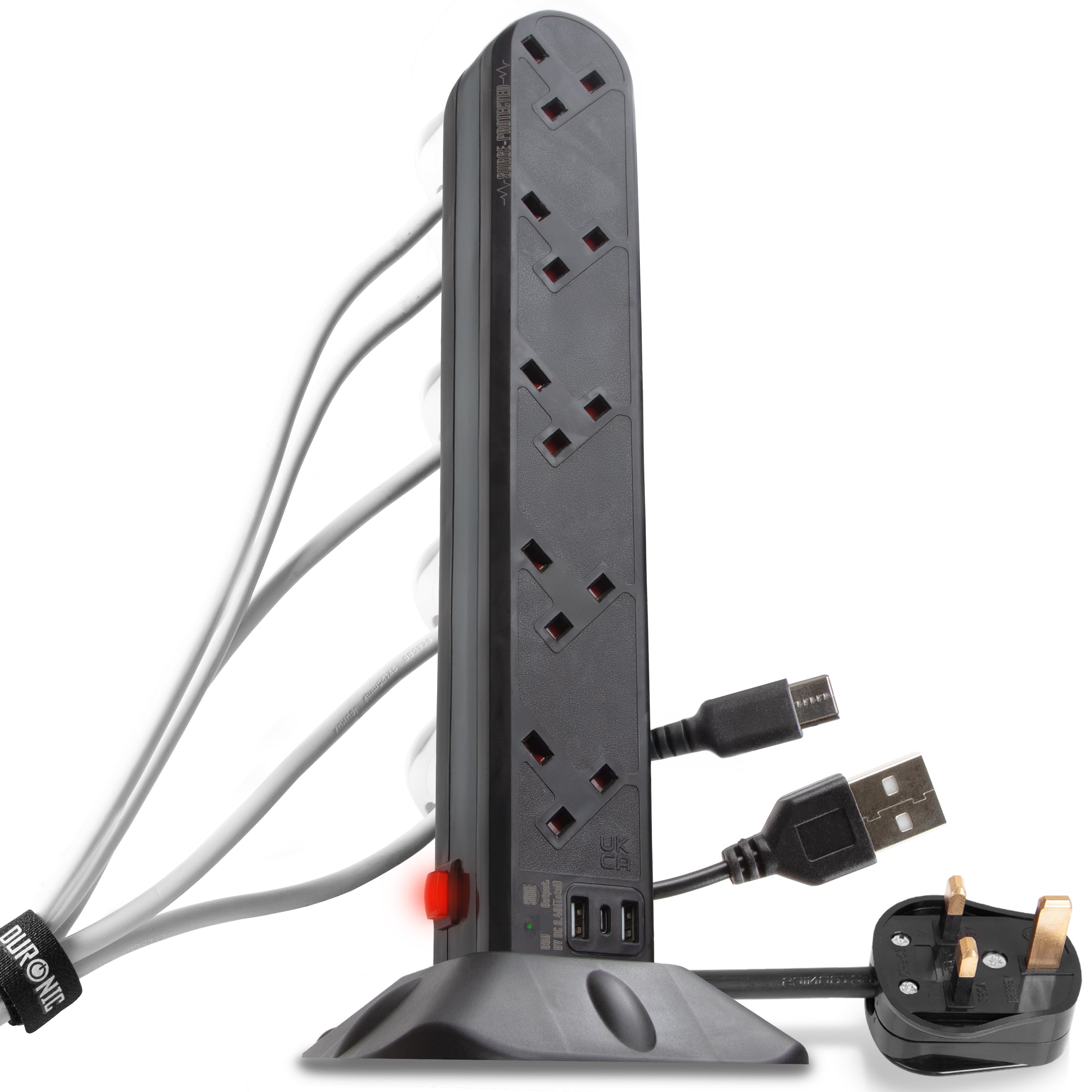 Duronic 10-Outlet Surge Protector Power Strip with 2 USB Ports & 1 USB-C Port | 6ft Heavy Duty Extension Cord | UK Plug Multi Socket Tower for Home Office, Gaming Setup & Electronics Charging Station