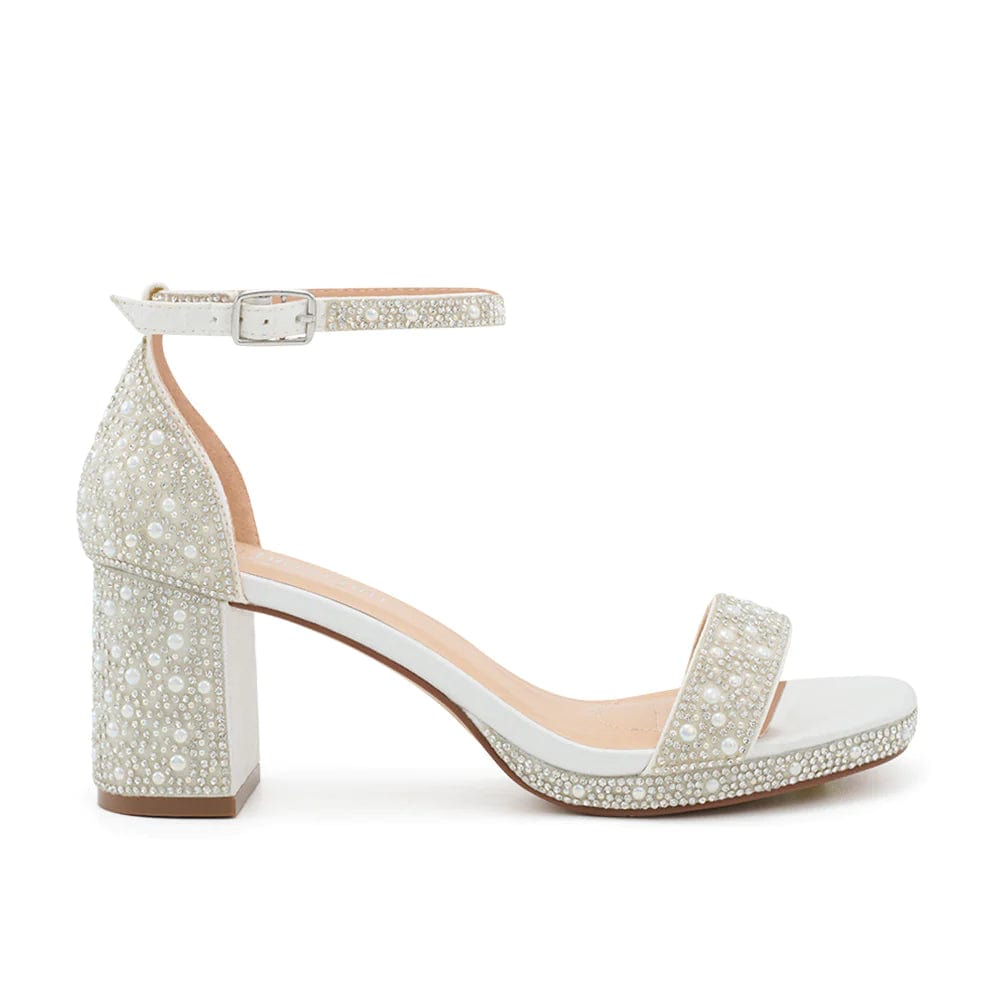 Elegant White Shimmer Block Heels for Women - Comfortable Chunky Heel Sandals for Weddings, Parties & Evening Events