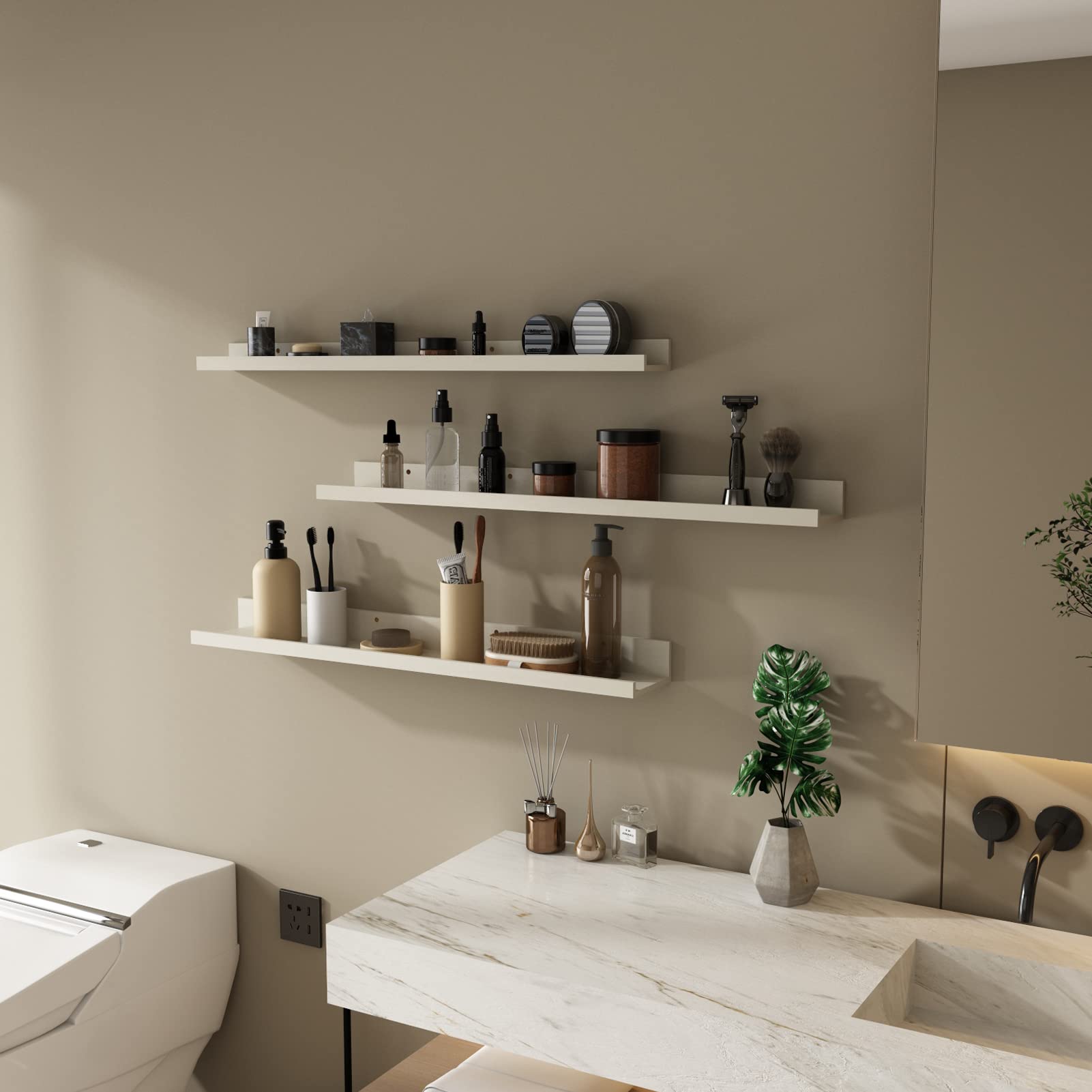 36 Inch Floating Shelves Set of 3 - Wooden Wall Mounted Picture Ledge Shelf for Living Room, Bathroom, Bedroom, Kitchen & Office - Creamy White - Perfect for Displaying Photos, Books & Decor