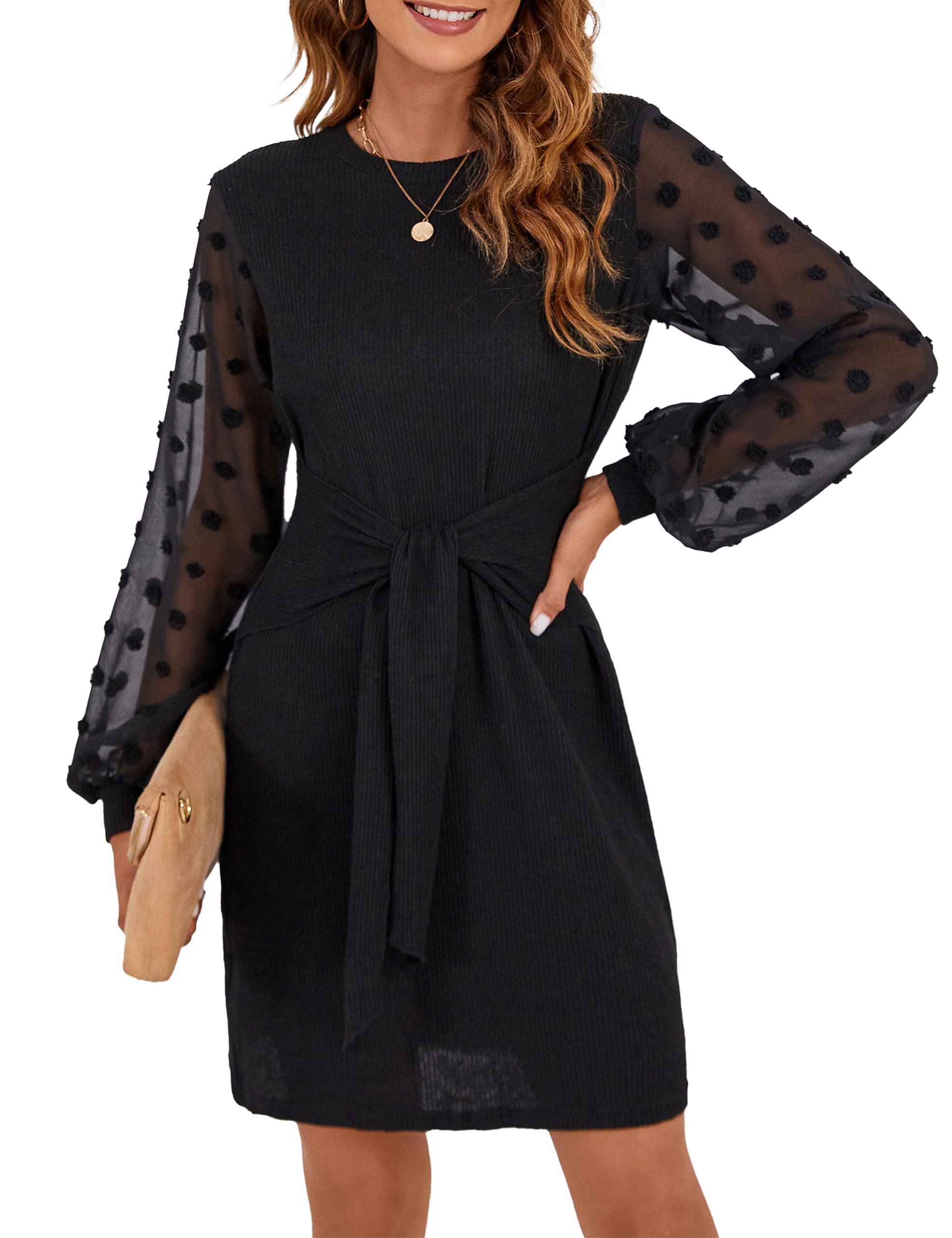 BMJL Women's Business Casual Dress - Long Sleeve Ribbed Knit Work Dress with Tie Front, Knee Length Office Dress for Professional Women | Perfect for Office Wear, Business Meetings & Formal Occasions