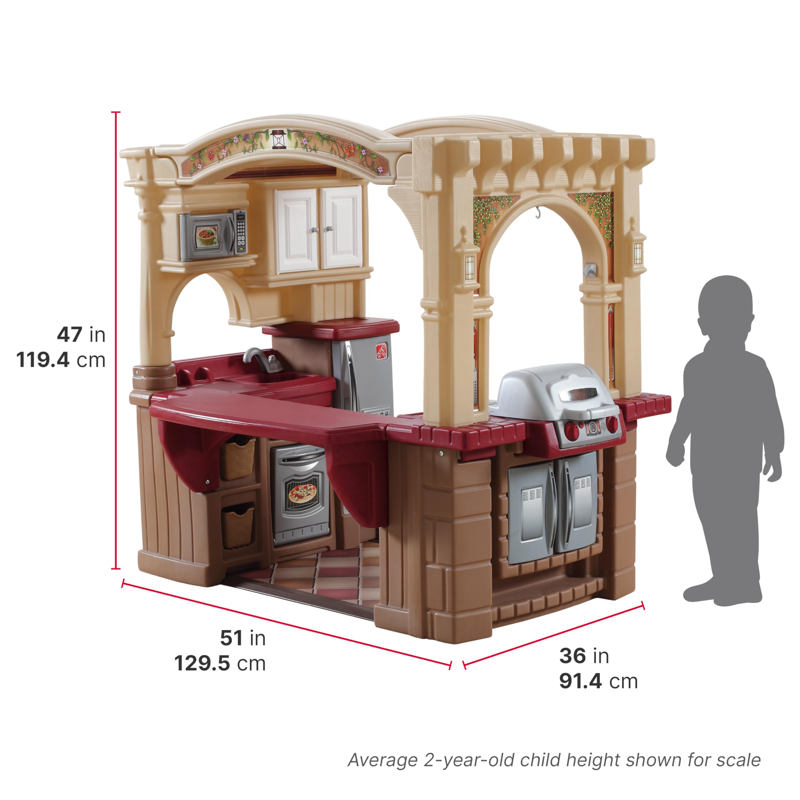 Step2 Grand Walk-In Kitchen & Grill Kids Playset - Indoor/Outdoor Pretend Play Kitchen with Lights & Sounds - 103-Piece Durable Plastic Toy Accessories for Toddlers Ages 2+ (Brown/Tan) - Perfect for Backyard, Playroom & Preschool Imaginative Play