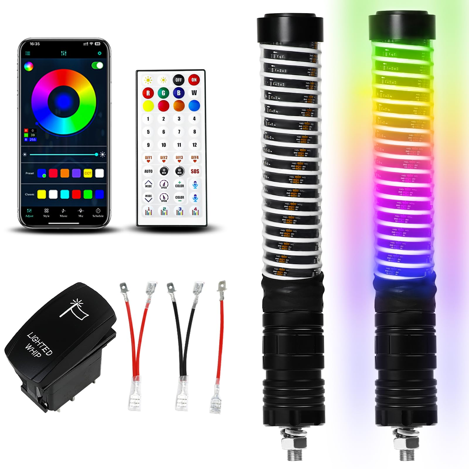 2PCS 1FT COB Fat Whip Lights with App & Remote Control - Compatible with Polaris RZR, Can-Am Maverick X3 - Spiral RGB Chasing LED Whip Lights with Rocker Switch - Perfect for Side by Side, SXS UTV, ATV, Boat & Off-Road Adventures