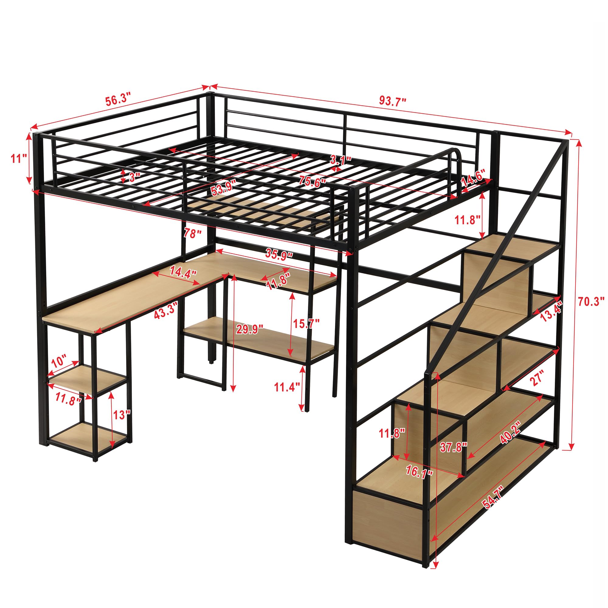Harper & Bright Designs Full Size Loft Bed with Staircase & Desk - Sturdy Metal Frame with Storage Shelves - Space-Saving High Loft Bed for Kids, Teens, Boys & Girls (Full, Black) - Perfect for Small Bedrooms, Dorms & Shared Kids' Rooms