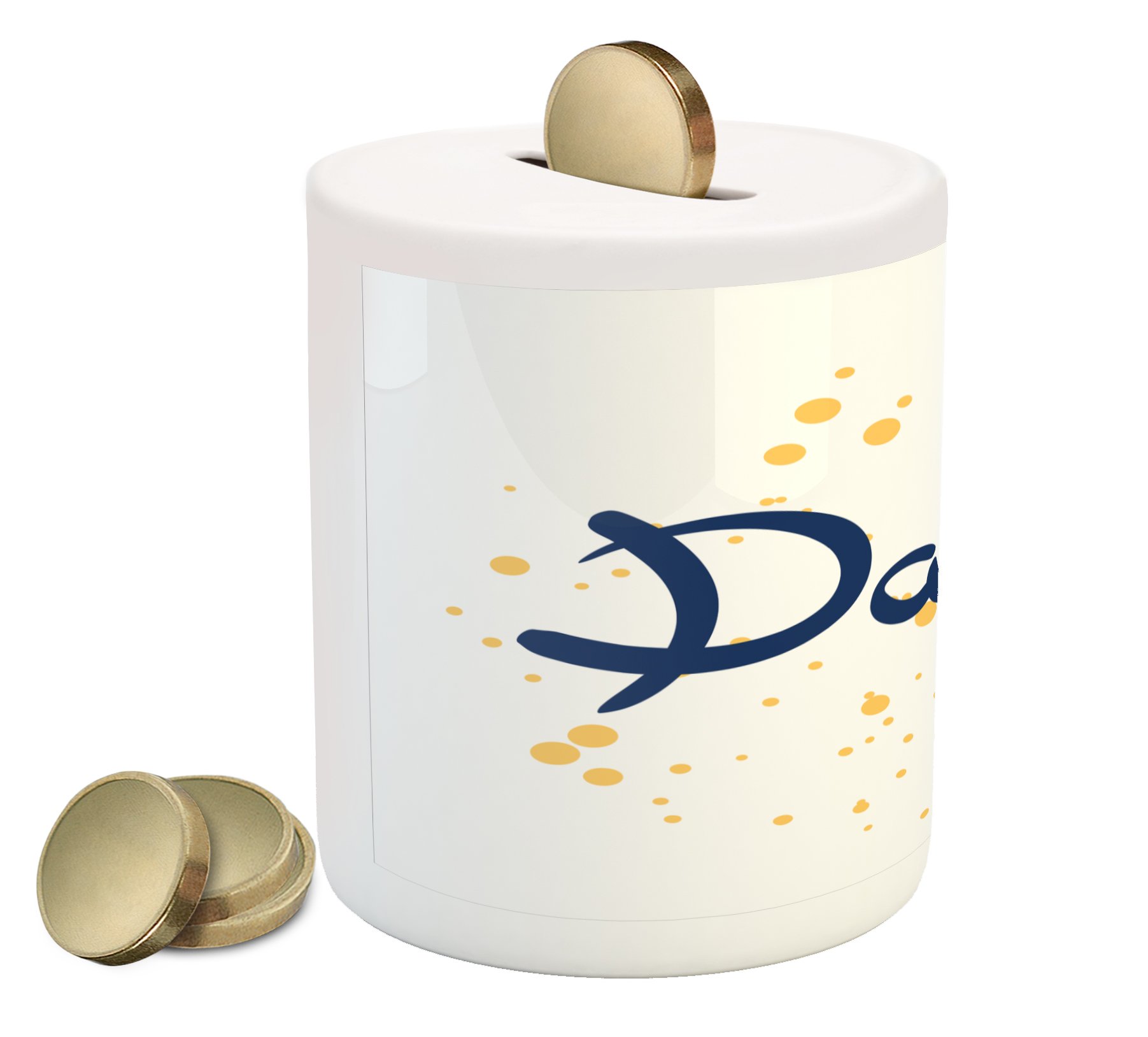 Ambesonne David Ceramic Piggy Bank - Hand Drawn Lettering Design with Traditional Male Name, Dotted Background Money Box for Cash Savings (Dark Blue & Mustard) - Perfect for Kids' Allowance, Birthday Gifts & Home Decor
