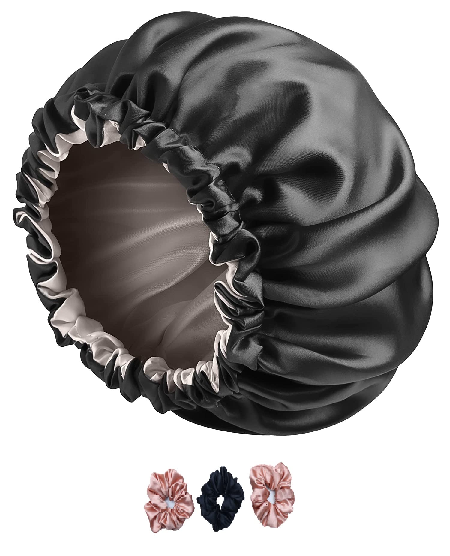 Premium Satin Silk Hair Bonnet for Sleeping & Curly Hair Protection - Includes 3 Luxury Silk Scrunchies - Soft Satin Head Wrap for Nighttime Hair Care (Black) - Perfect for Natural Hair, Braids, and Extensions