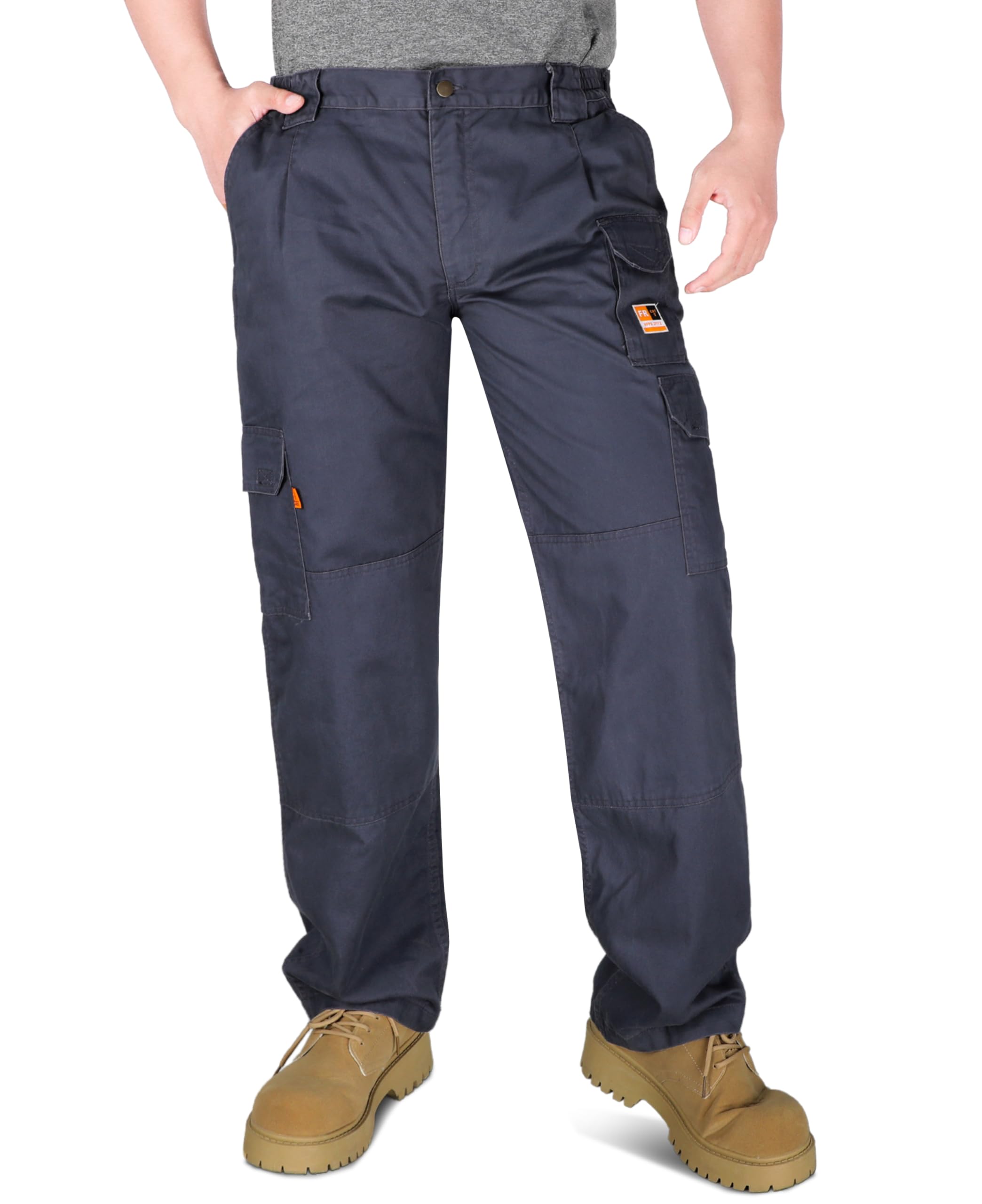 KONRECO FR Men's Cargo Work Pants - Flame Resistant 7.5oz 100% Cotton with Elastic Waist & Utility Pockets | Durable Safety Pants for Construction, Welding & Industrial Work
