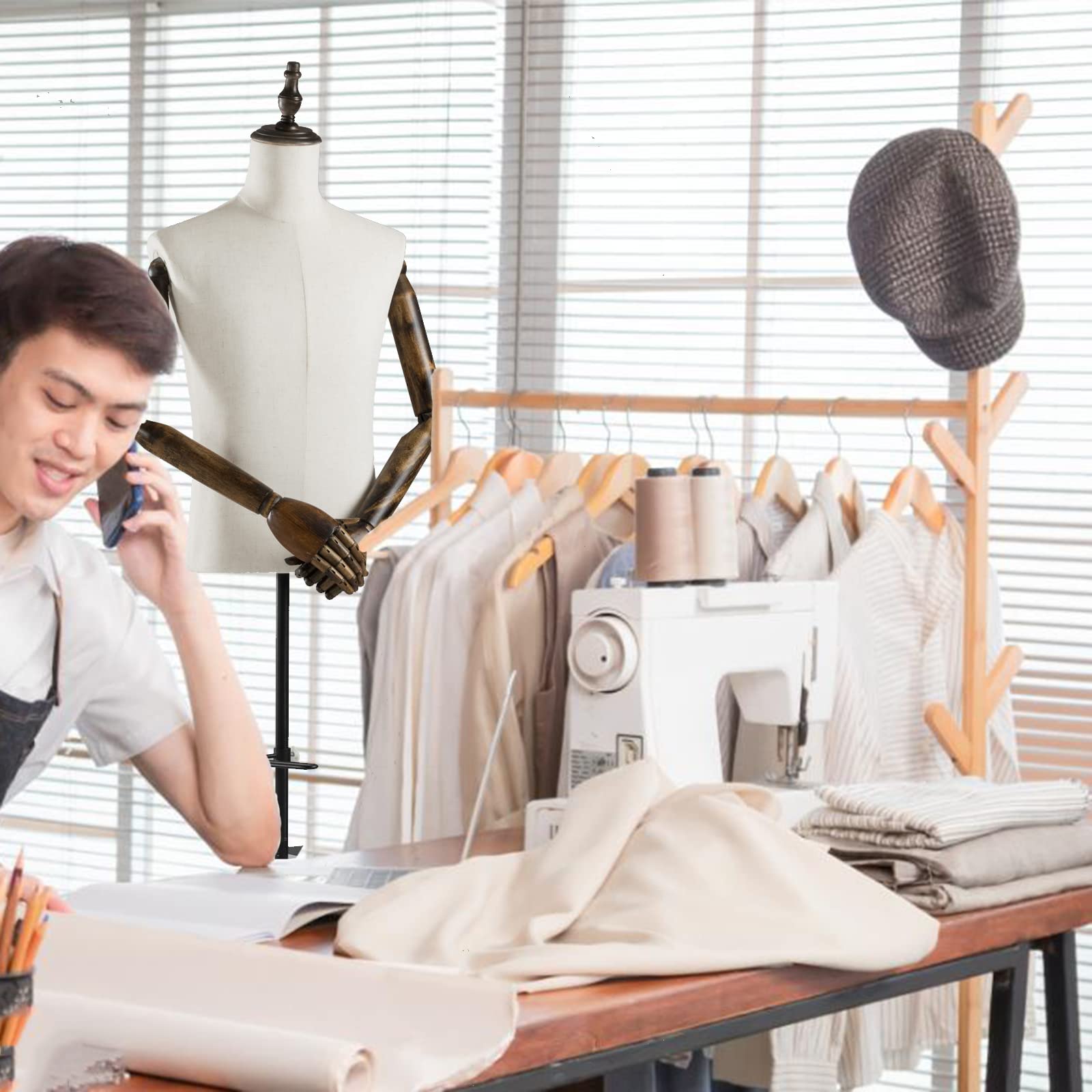 Adjustable 53-76 Inch Male Dress Form Mannequin with Wooden Arms & Metal Stand - Detachable Trousers Rack & Shoe Holder - Pinnable Torso for Clothing Display | Perfect for Retail Stores, Tailoring Shops & Fashion Design Studios
