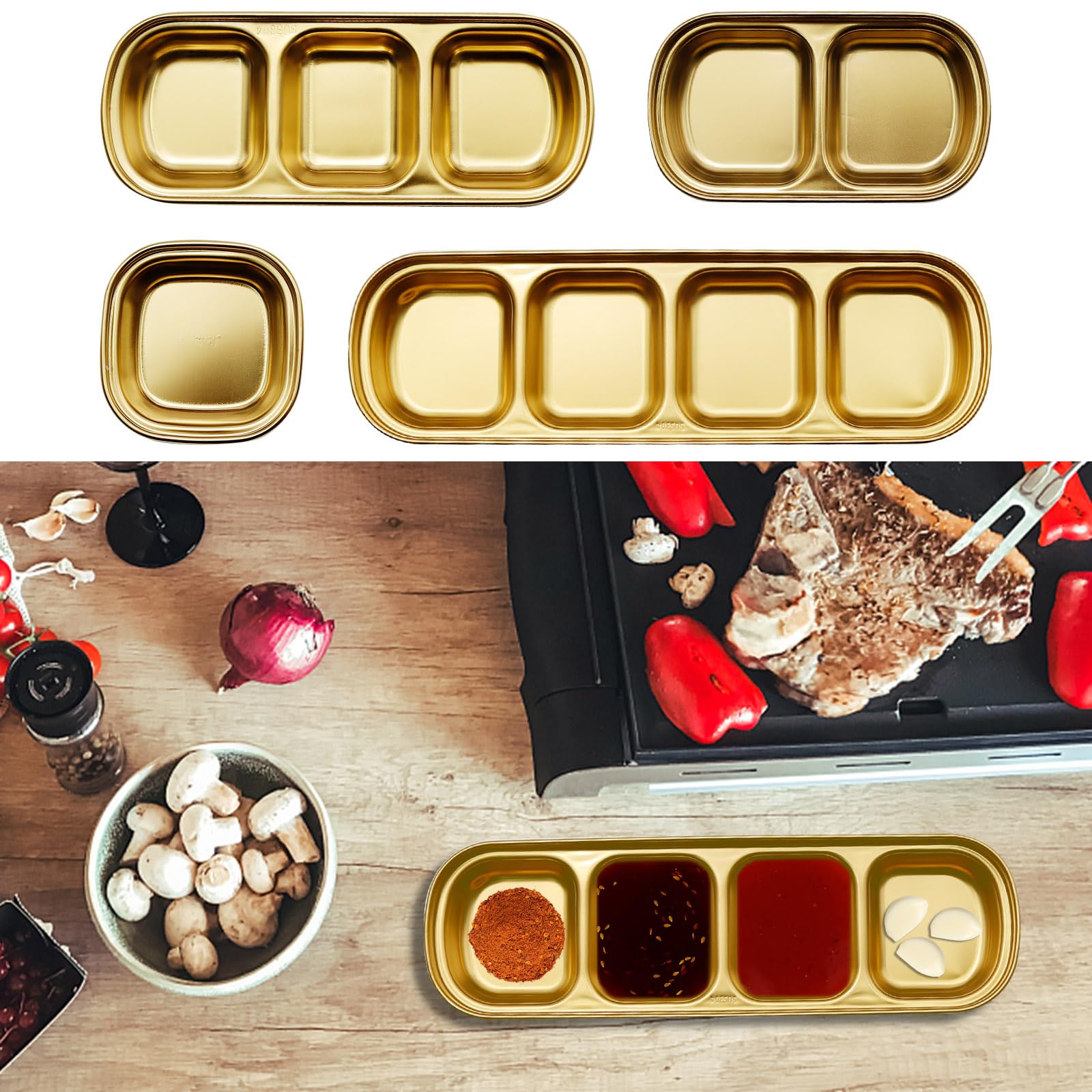 4 Pcs Stainless Steel Divided Dipping Plates - 1/2/3/4 Compartment Sauce Bowls for Soy, Vinegar & Spices | Condiment Tray for Home, Restaurant & Party Snacks | Perfect for Sushi, Dumplings & BBQ Dips