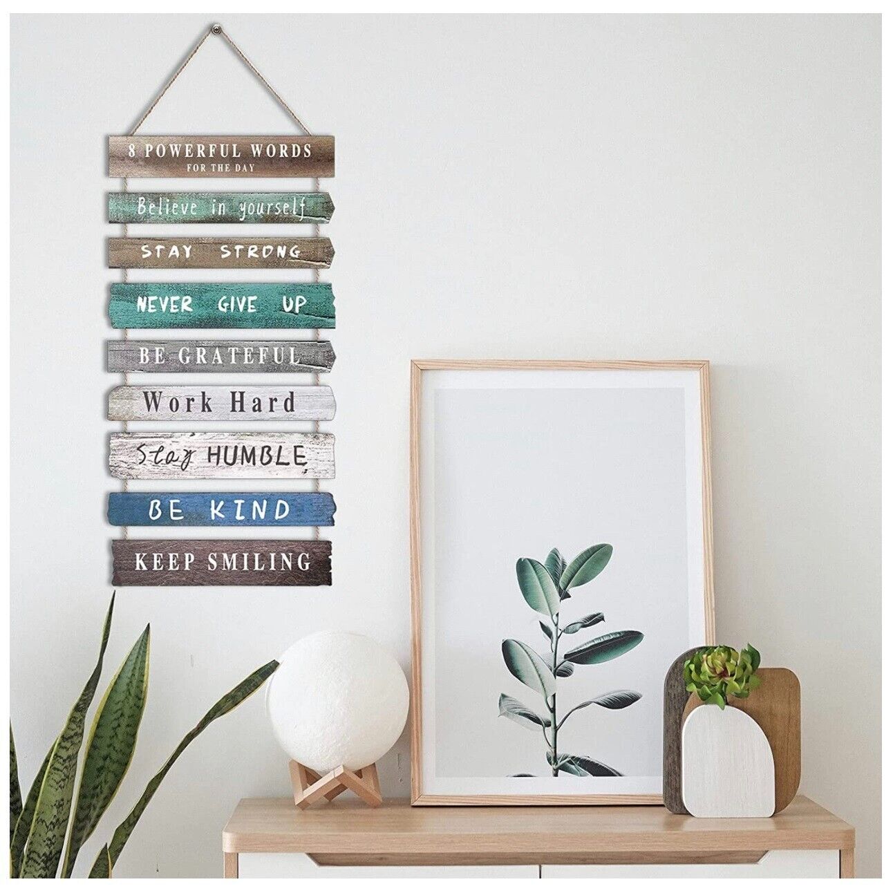 Rustic Wood String Wall Art - 24x12 Inches Brown Green Blue Inspirational Hanging Decor for Living Room, Bedroom & Office