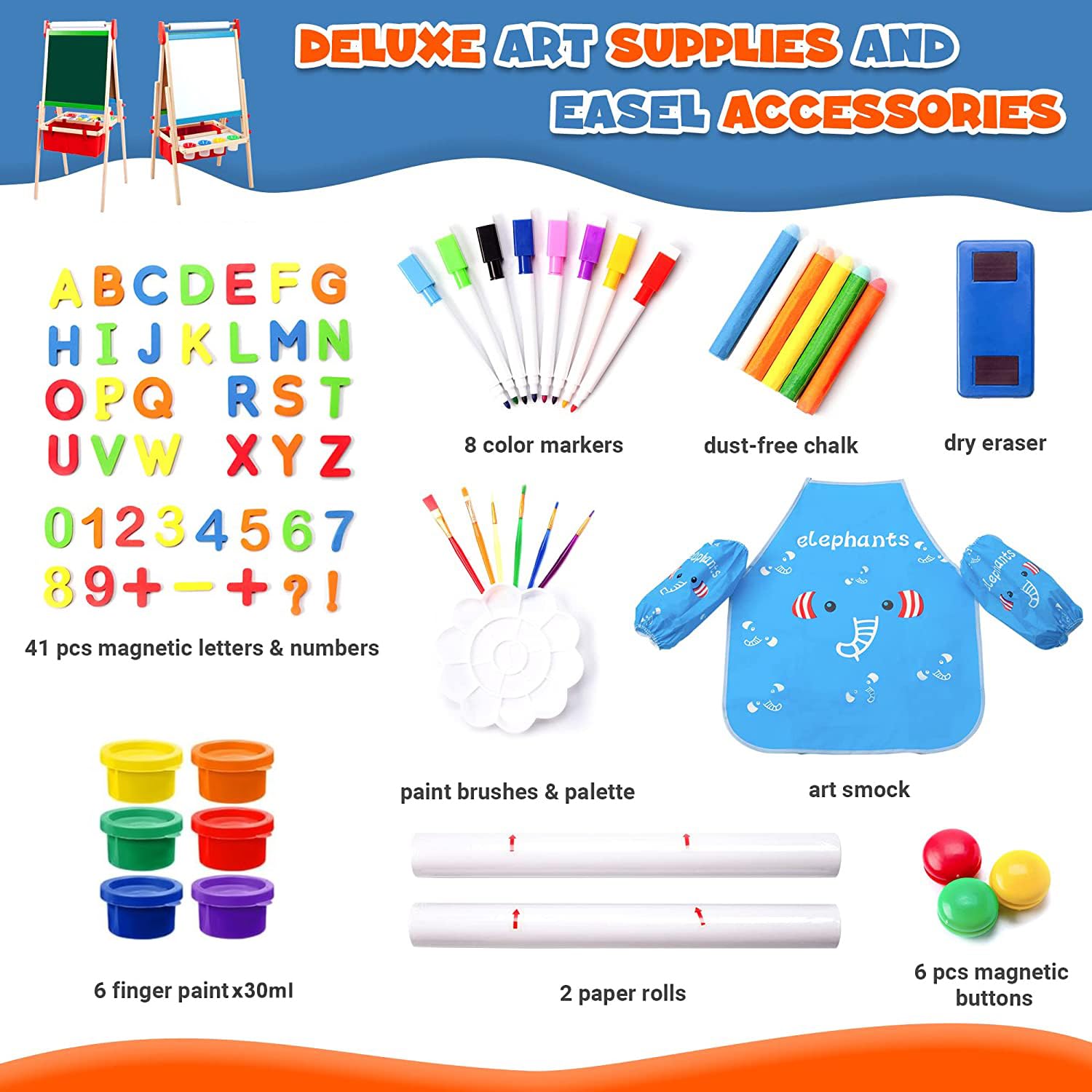 Double Sided Wooden Kids Easel with Magnetic Chalkboard & Whiteboard - Adjustable Height Art Easel for Toddlers Ages 3-8 | Includes 100+ Accessories, 2 Paper Rolls & Painting Supplies | Perfect for Home, Classroom & Creative Play