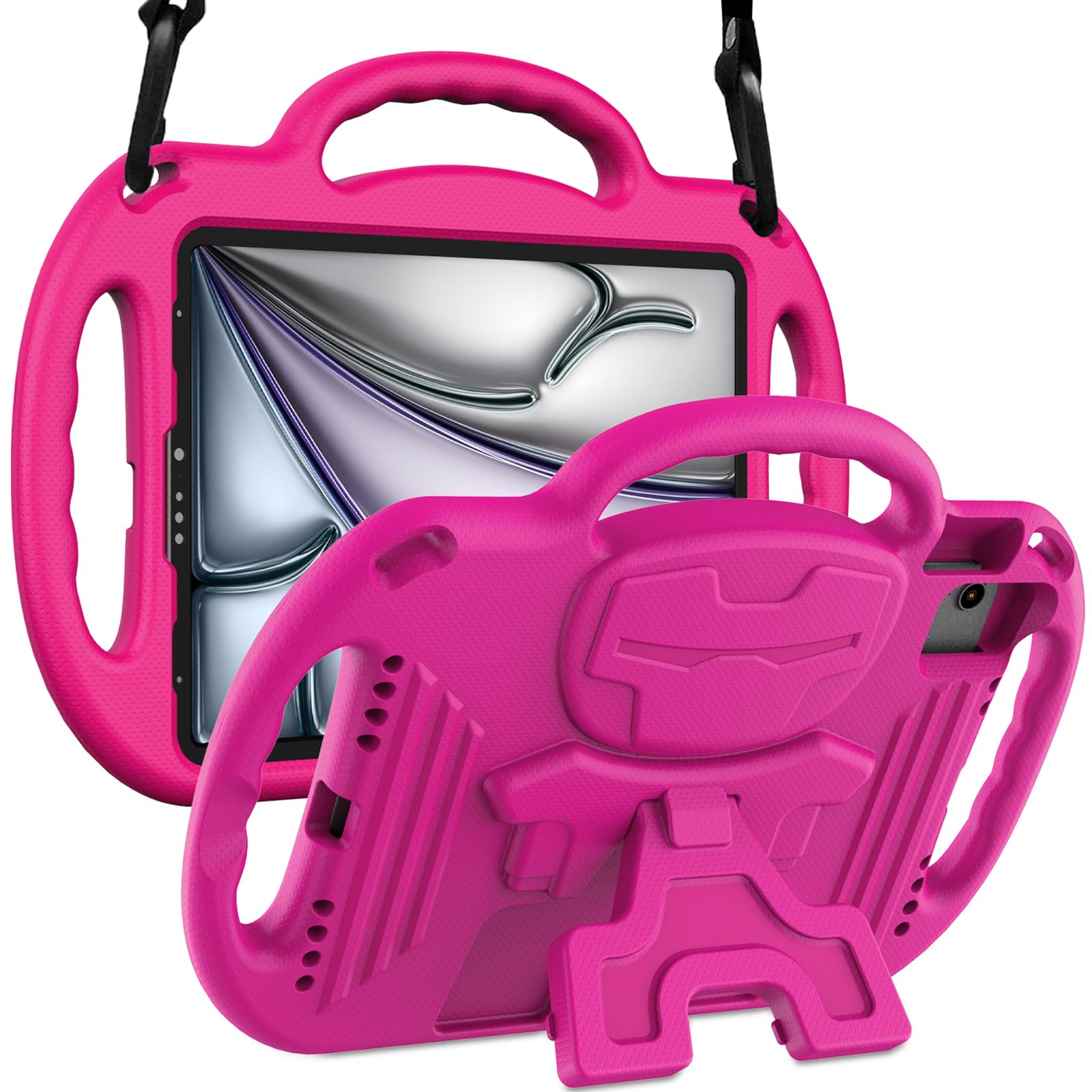 LTROP Kids Shockproof iPad Case for iPad Air 6th/5th/4th Gen & Pro 11 (2024/2022/2020 Models) - Durable Protective Cover with Shoulder Strap, Handle & Stand for 10.9-11 inch Tablets (Rose Pink) - Perfect for School, Travel & Home Learning