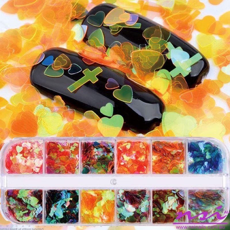 Hearts & Cross Mermaid Holographic Sequins Nail Art Tray - Perfect for DIY Nail Designs, Salon Use & Gift Giving