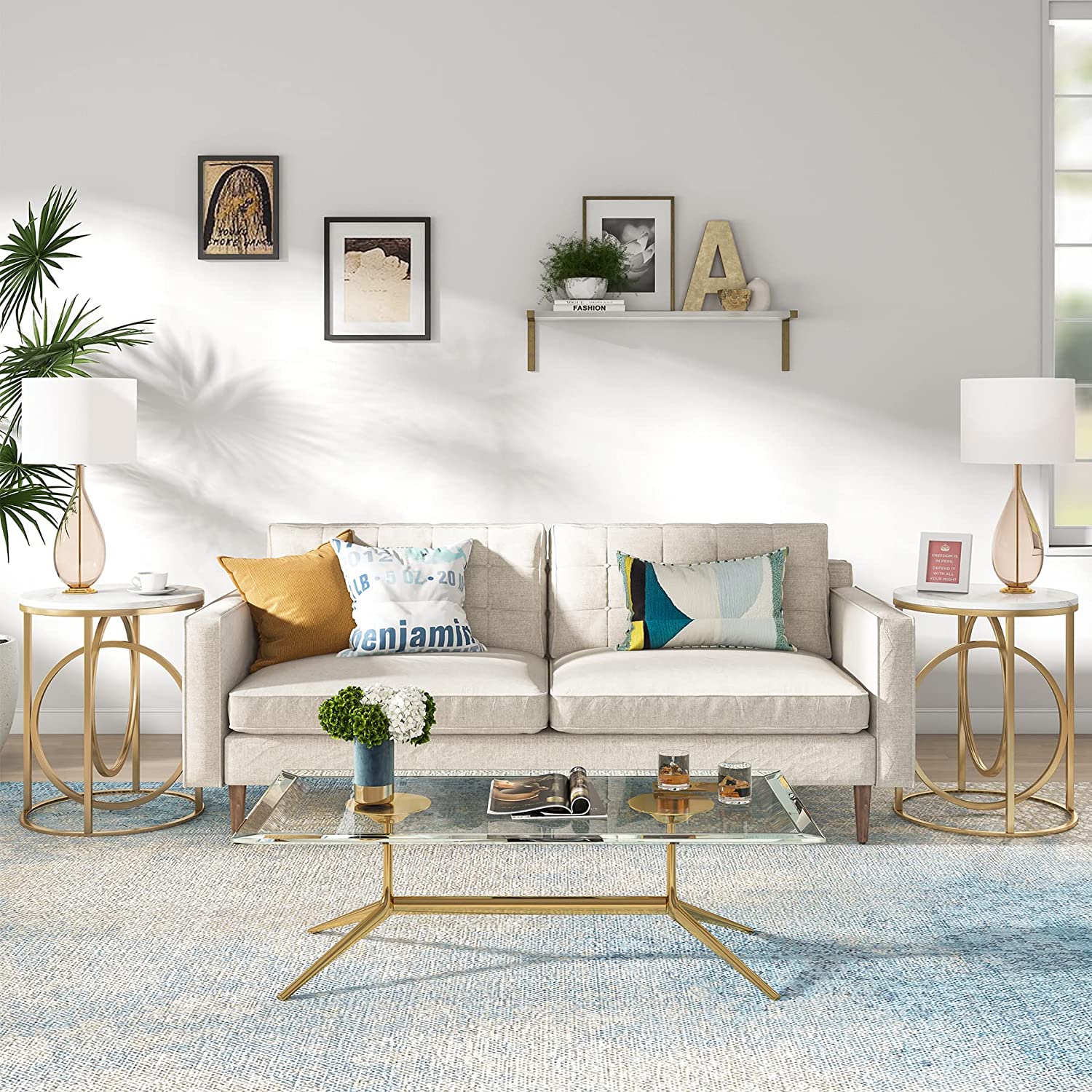 Modern Round End Table with Faux Marble Top - Stylish Sofa Side Table for Living Room, Bedroom & Office Decor
