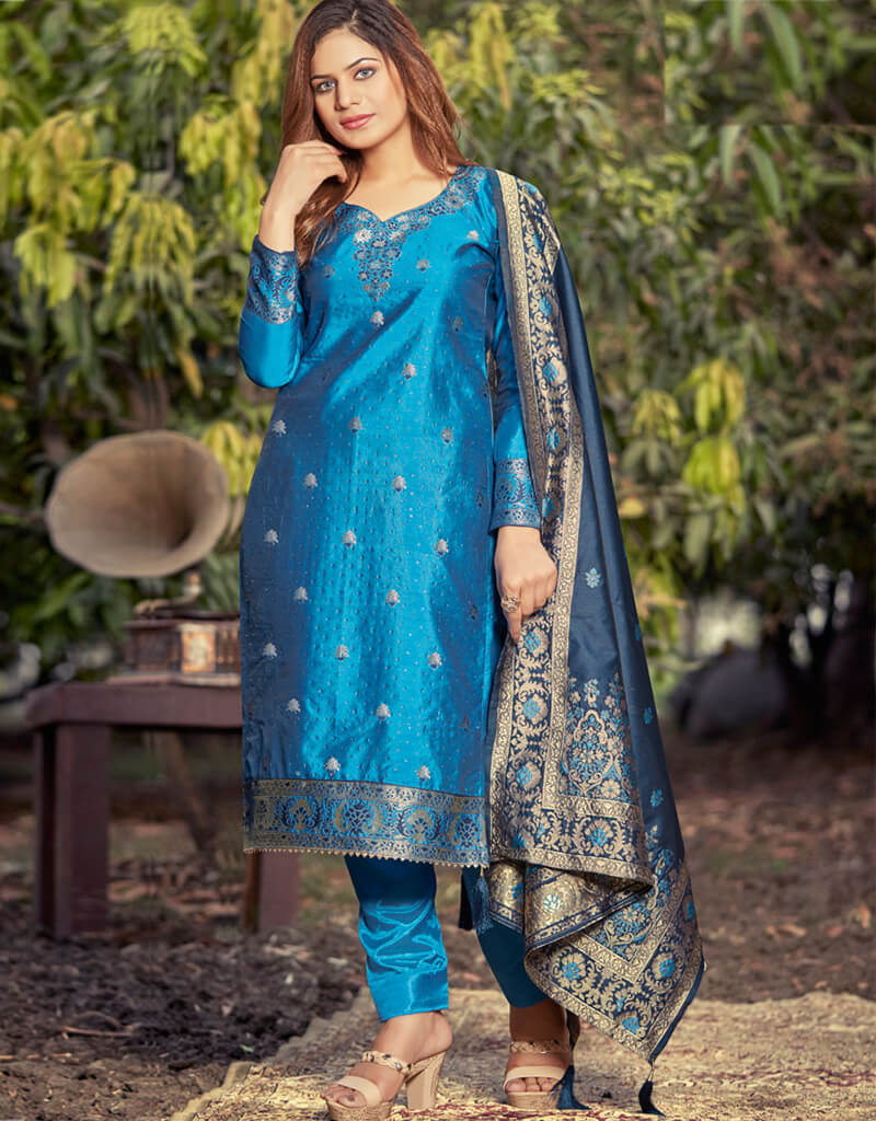 Elegant Banarasi Jacquard Firozi Salwar Kameez Suit with Pant Bottom - Traditional Indian Ethnic Wear for Weddings, Festivals & Special Occasions