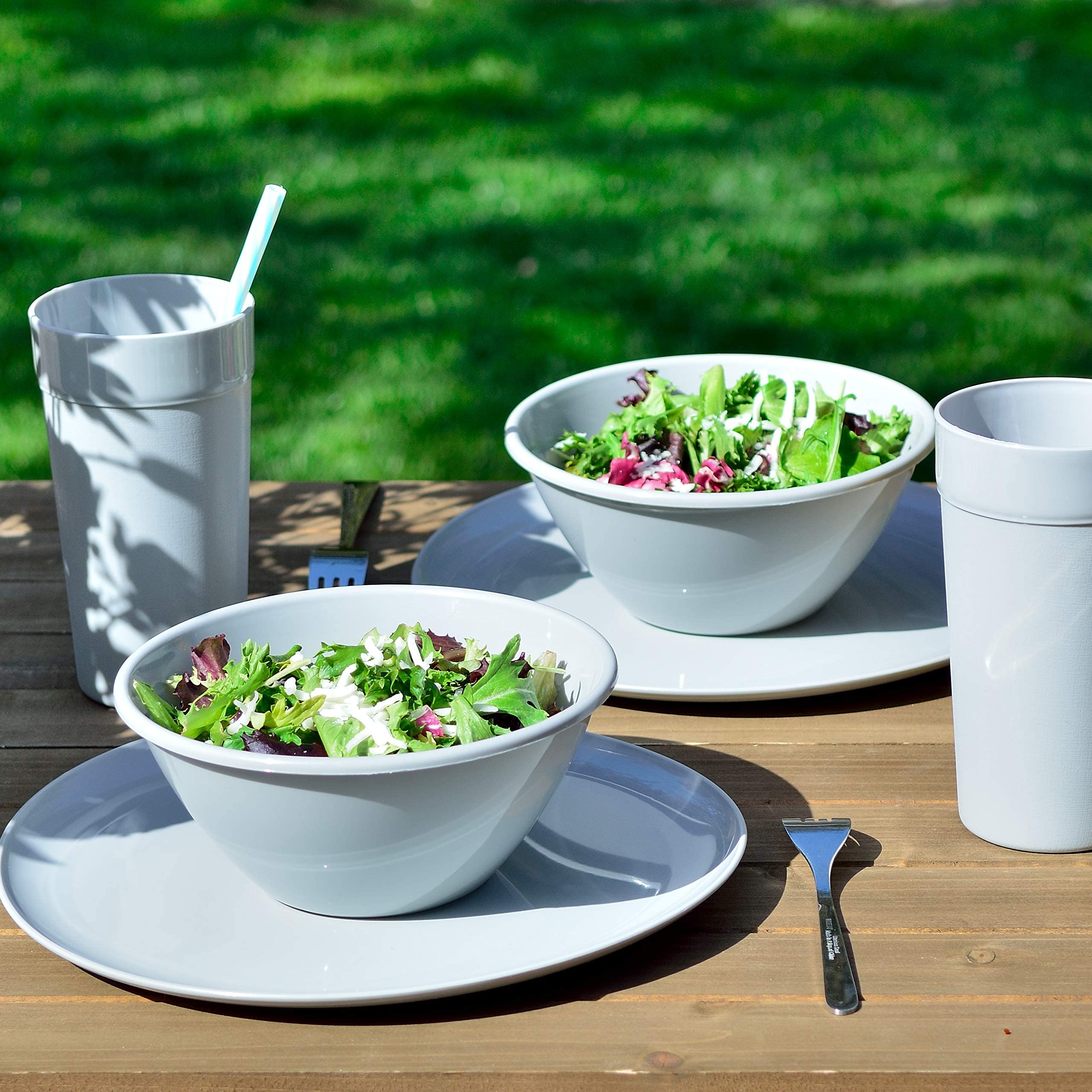 Youngever 18-Piece Plastic Dinnerware Set for Kitchen - 6 Plates, 6 Bowls, 6 Cups - Durable & Lightweight BPA-Free Tableware (Grey) - Perfect for Outdoor Picnics, Camping, and Everyday Family Meals