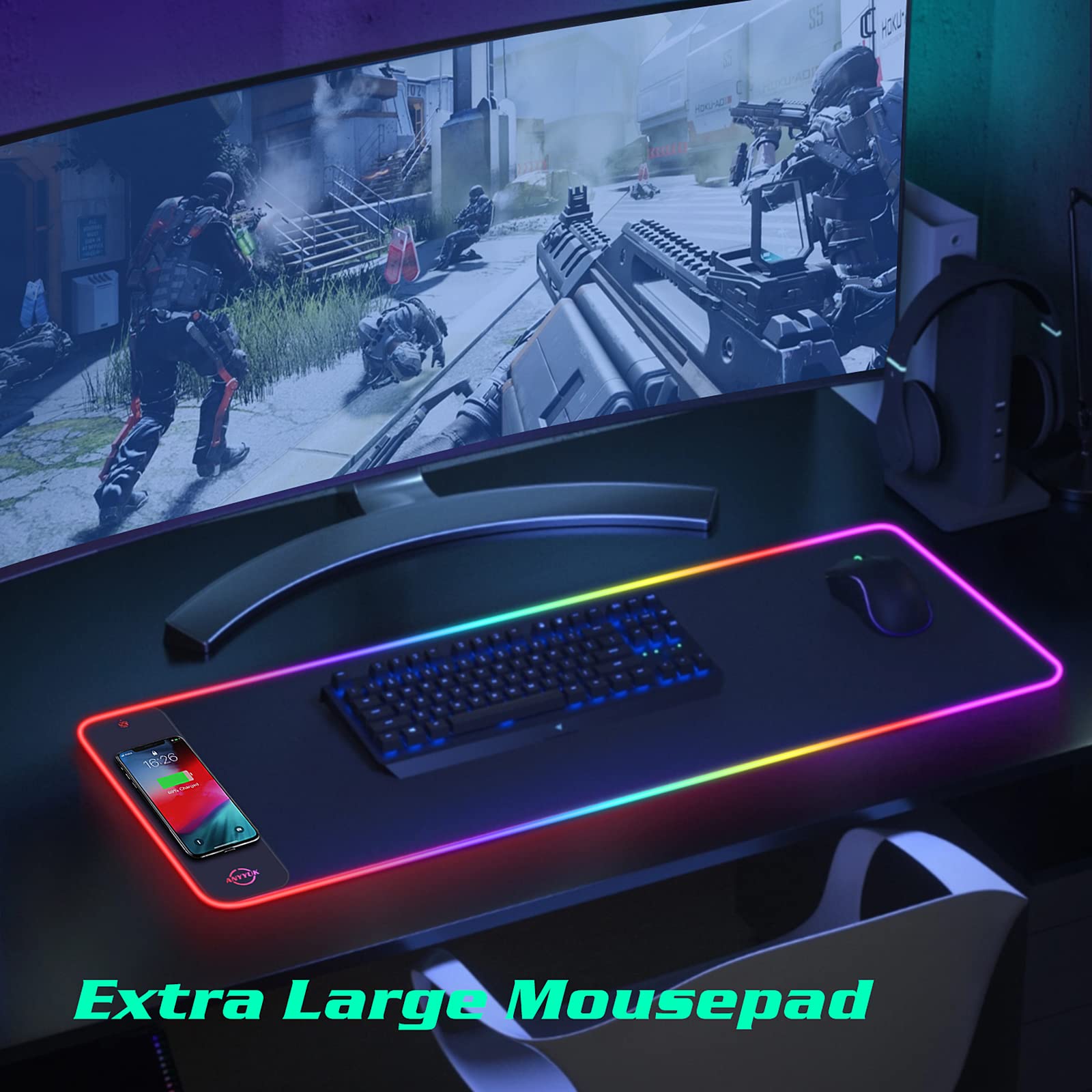 RGB Gaming Mouse Pad with 15W Wireless Charger & 10 Light Modes - for PC, Laptop, MacBook