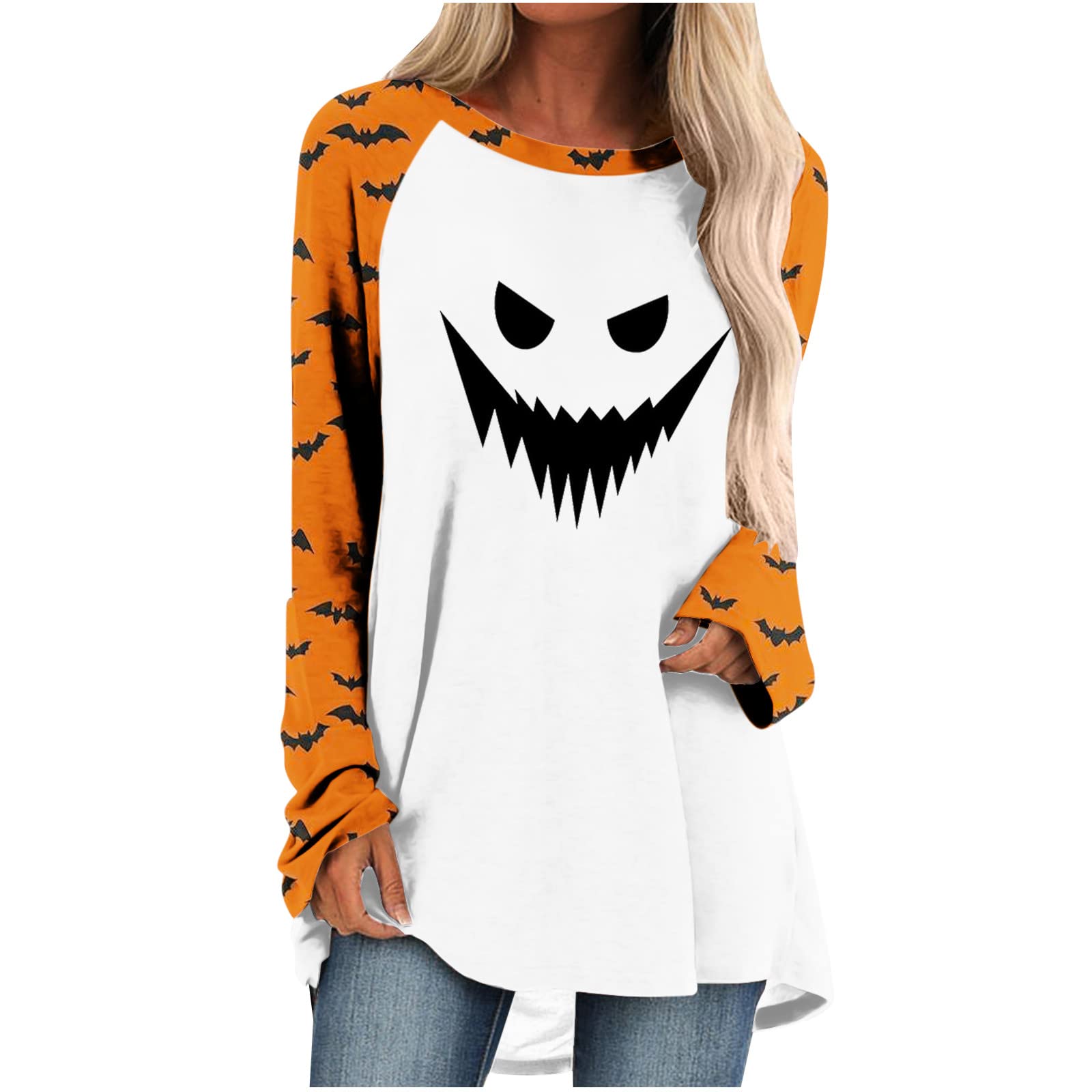 Miximx Women's Casual Halloween Graphic Print Long Sleeve T-Shirt - Vintage Round Neck Loose Fit Blouse for Fall Fashion, Party Outfits & Everyday Wear