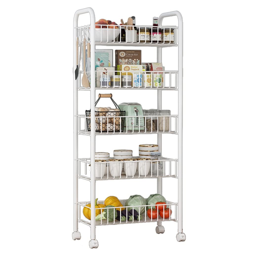 5-Tier Slim Rolling Cart with Slide-Out Storage Shelf & Wheels - Mobile Organizer with Mesh Baskets, Easy Assembly Shelving Unit for Kitchen, Bathroom, Office, Dorm - Space Saving Design (43 x 26 x 105cm) - Perfect for Small Spaces, Pantry Organization & Bathroom Storage