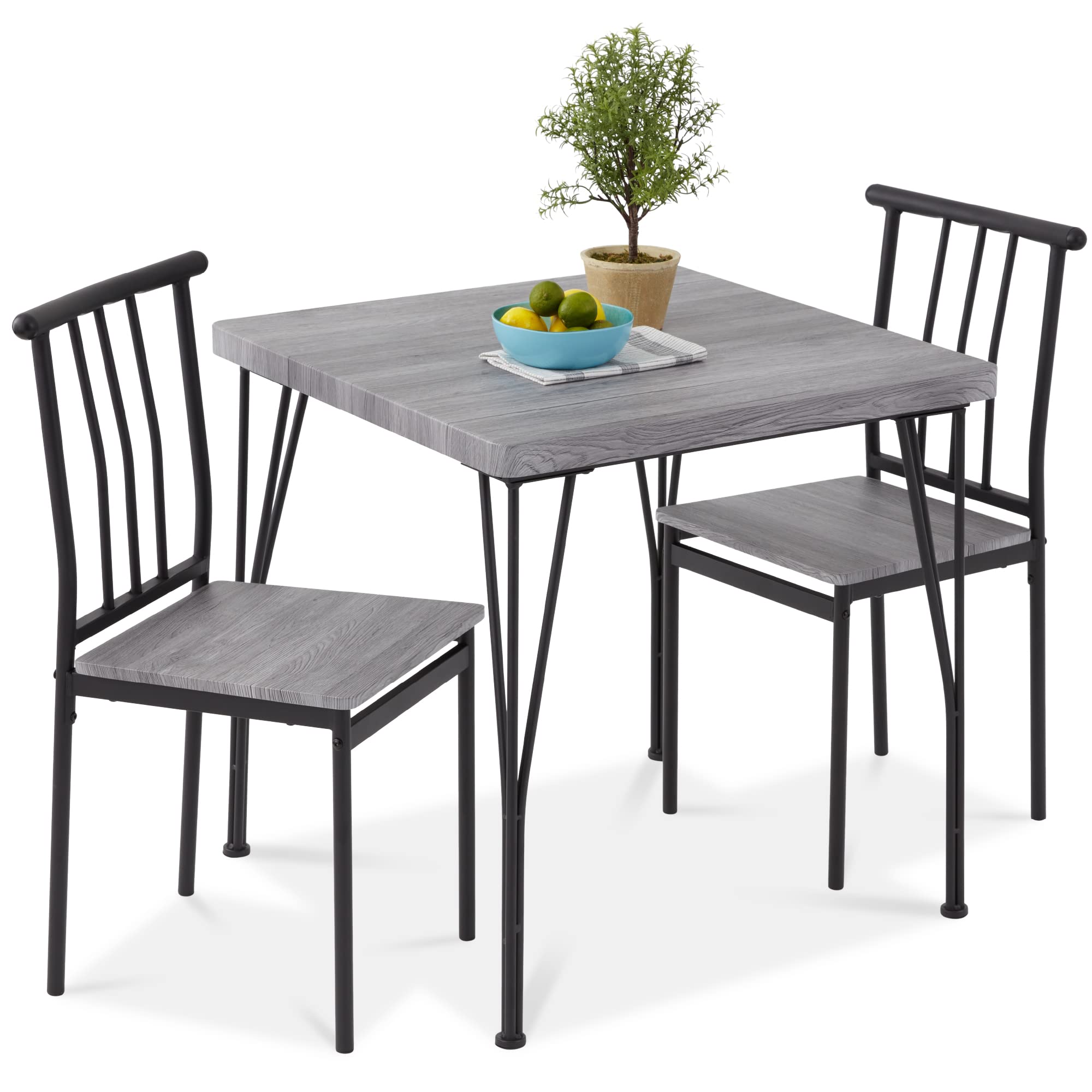 Best Choice Products 3-Piece Modern Dining Set - Square Metal & Wood Kitchen Table with 2 Chairs, Gray - Perfect for Small Spaces, Breakfast Nooks, Apartments & Cozy Dining Rooms