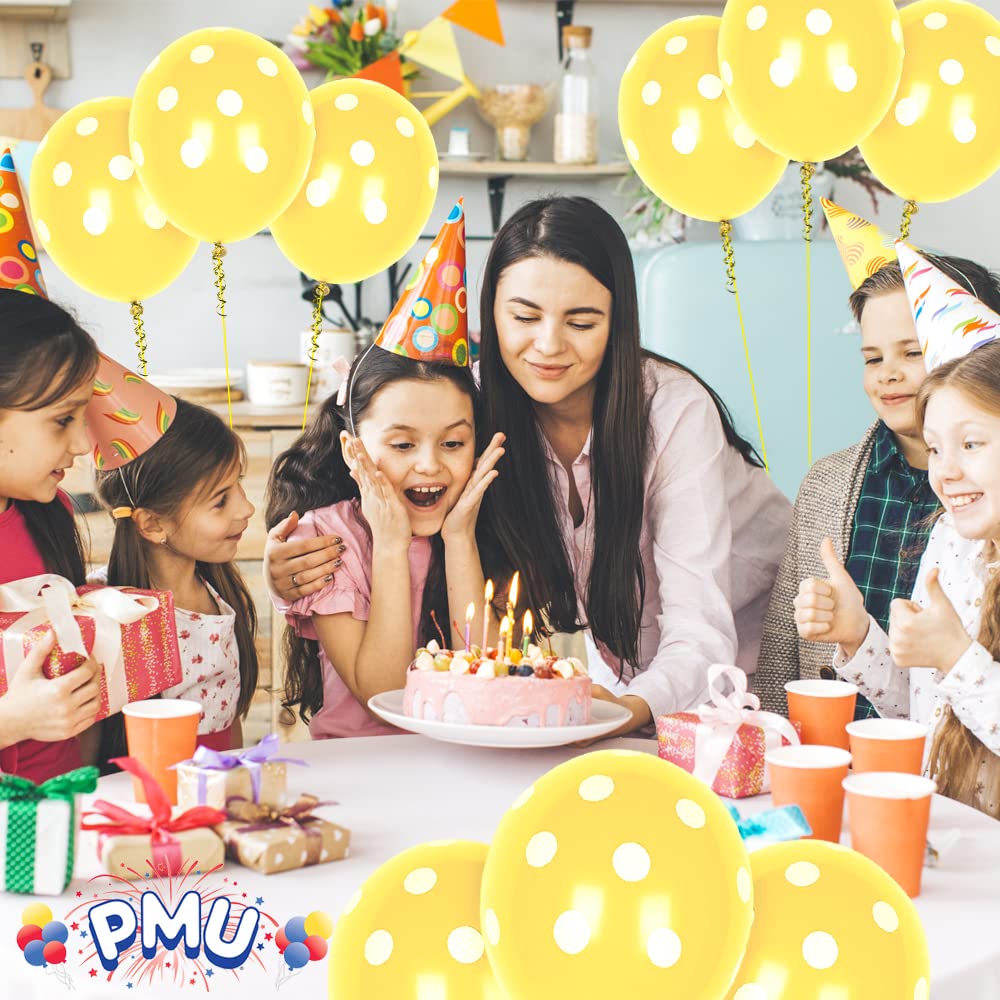 Premium 11 Inch Yellow Polka Dot Balloons - 25 Pack with White Dots for Birthday Parties, Baby Showers & Decorations | PMU PartyTex All-Over Print Latex Balloons