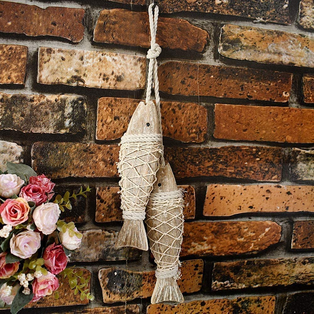 Morning View Wooden Fish Wall Decor Set of 2 - Coastal Nautical Hanging Art for Home, Beach House, Bathroom & Bedroom - Ocean Themed Sculpture for Lakeside, Seaside or Coastal Interior Design