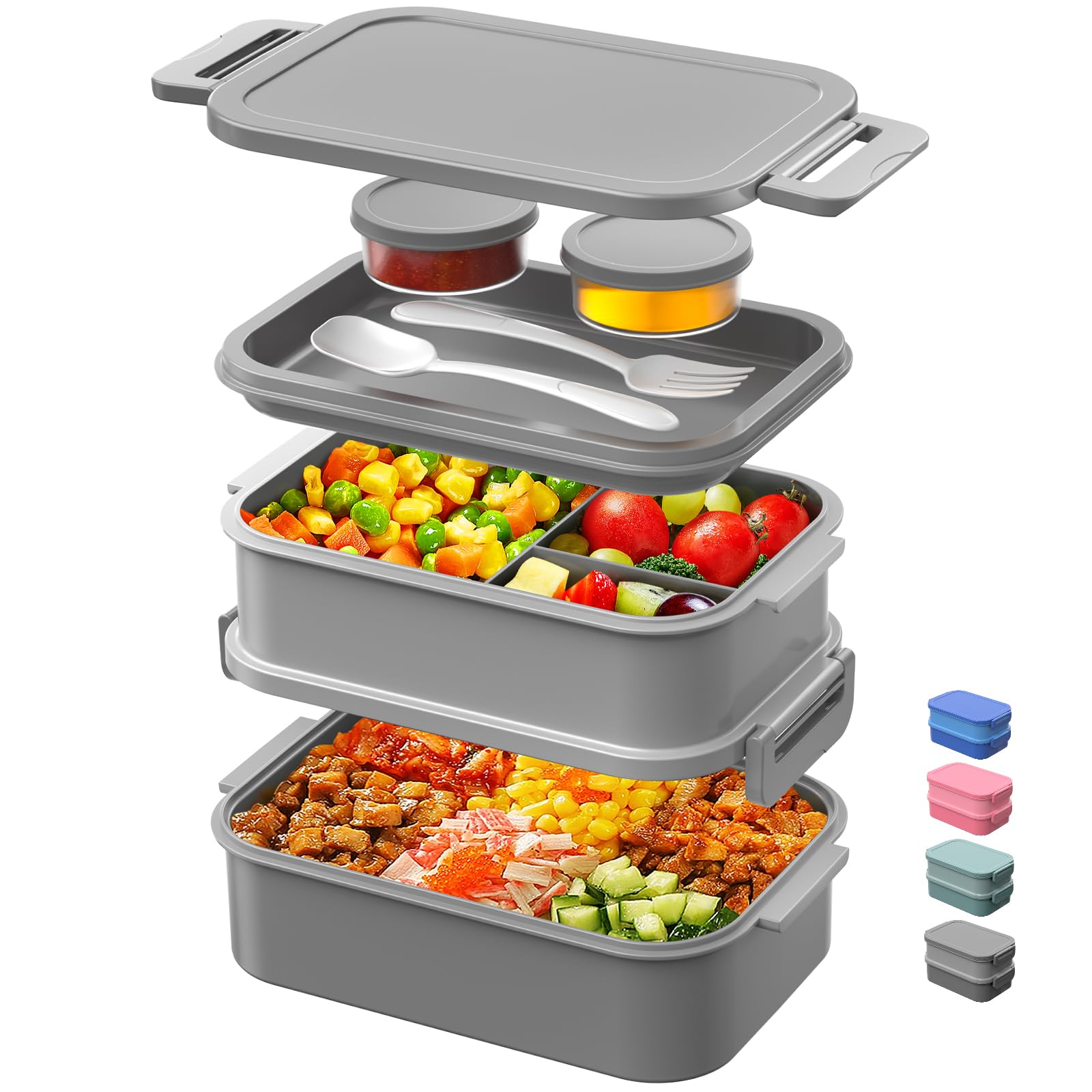 DaCool 74OZ Leakproof Stackable Bento Lunch Box for Adults - All-in-One Meal Container with Fork, Spoon & Sauce Box for Work, School, Picnics & Outdoor Dining (Grey) | Insulated Food Storage Solution for Office, Travel & Daily Commute