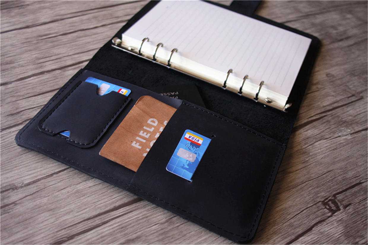 Refillable Black Leather 6-Ring Binder Folder for School, Office & Business Organization - A4 Size Document Organizer with Secure Closure