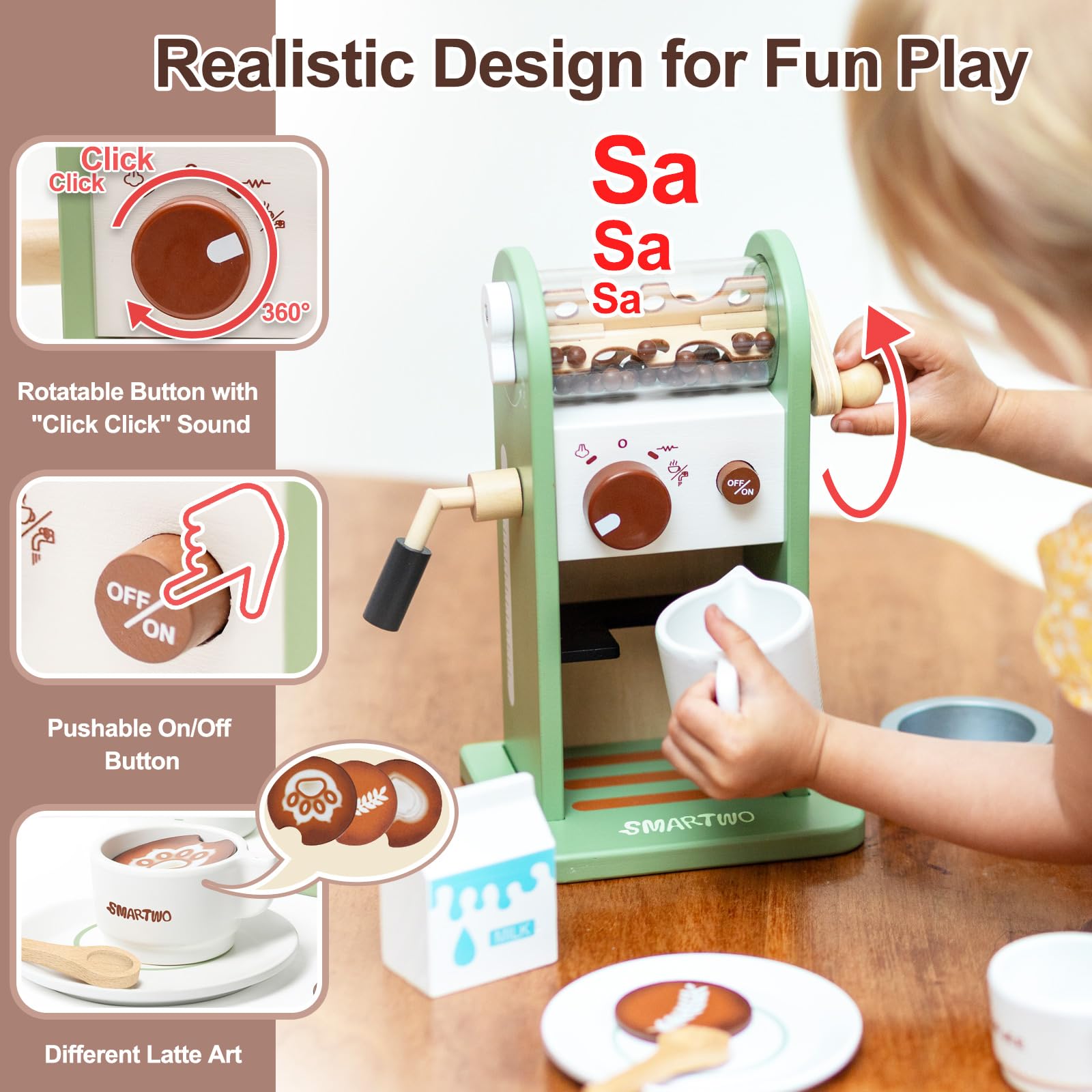 Smartwo Wooden Coffee Maker Toy with Realistic Sounds, Coffee & Dessert Playset, Wooden Kitchen Toy, Kids Pretend Play Barista Role-Playing Set, Gift for 3 4 5 Year Olds - Perfect for Preschool Learning & Imaginative Playtime