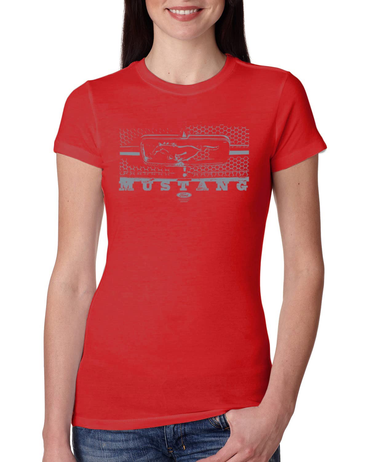 Vintage Ford Mustang Silver Honeycomb Grill Distressed Design Women's Slim Fit Junior T-Shirt | Retro Car Lover Tee for Casual Wear & Car Shows