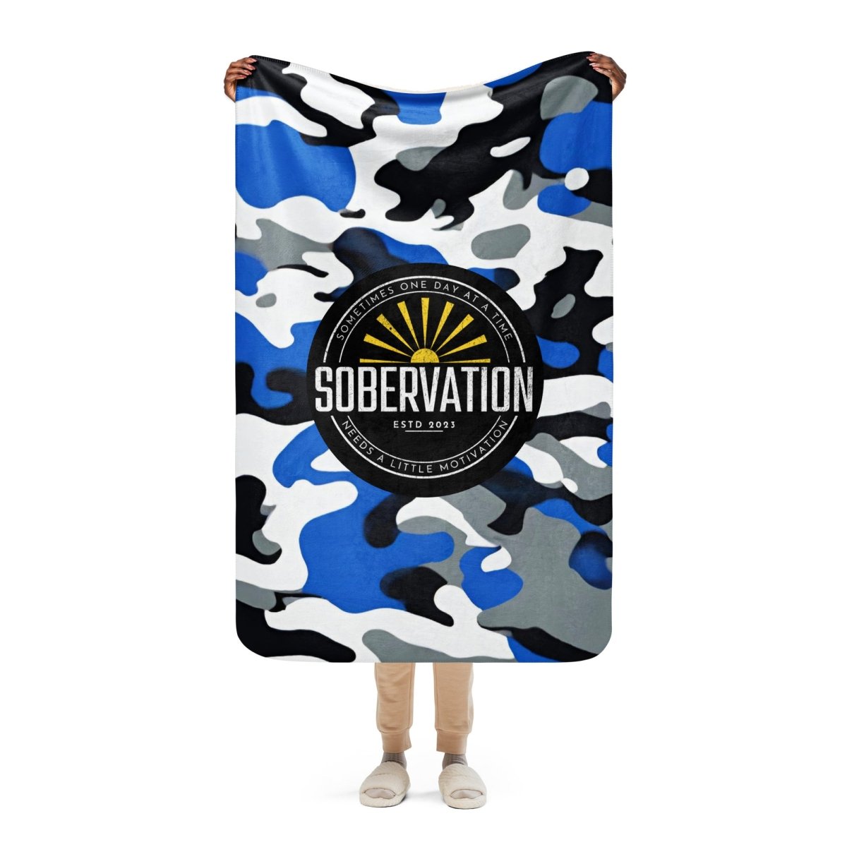 Sobervation Blue Camo Sherpa Blanket - Soft & Cozy Recovery Blanket for Addiction Healing, Anxiety Relief & Comfort - Perfect for AA Meetings, Sober Living & Therapy Sessions