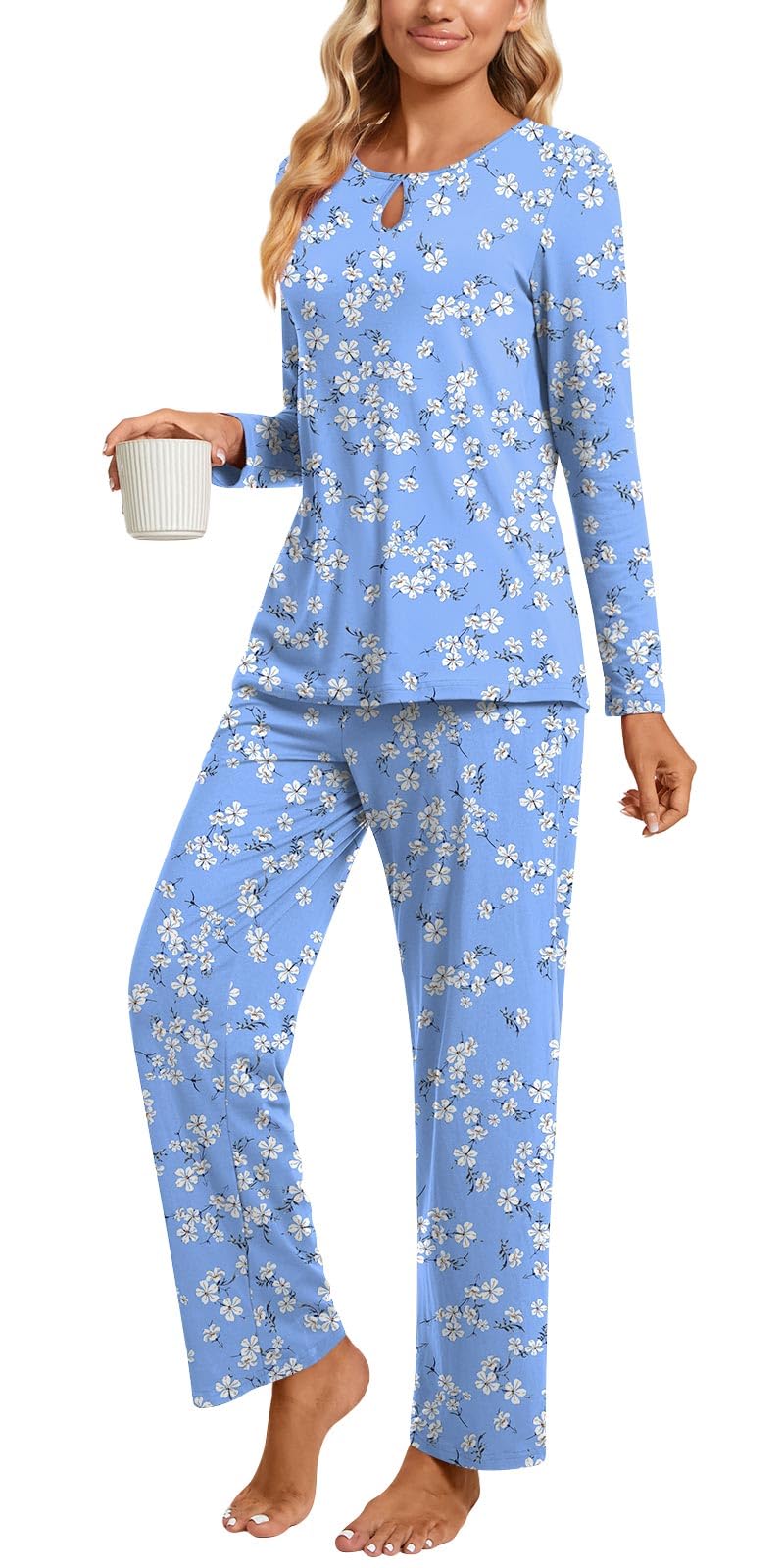 Aodemo Women's 2 Piece Pajama Set - Long Sleeve Keyhole Sleepwear with Pockets, Soft Lounge Pjs for Fall & Winter - Perfect for Cozy Nights, Sleepovers & Relaxing at Home