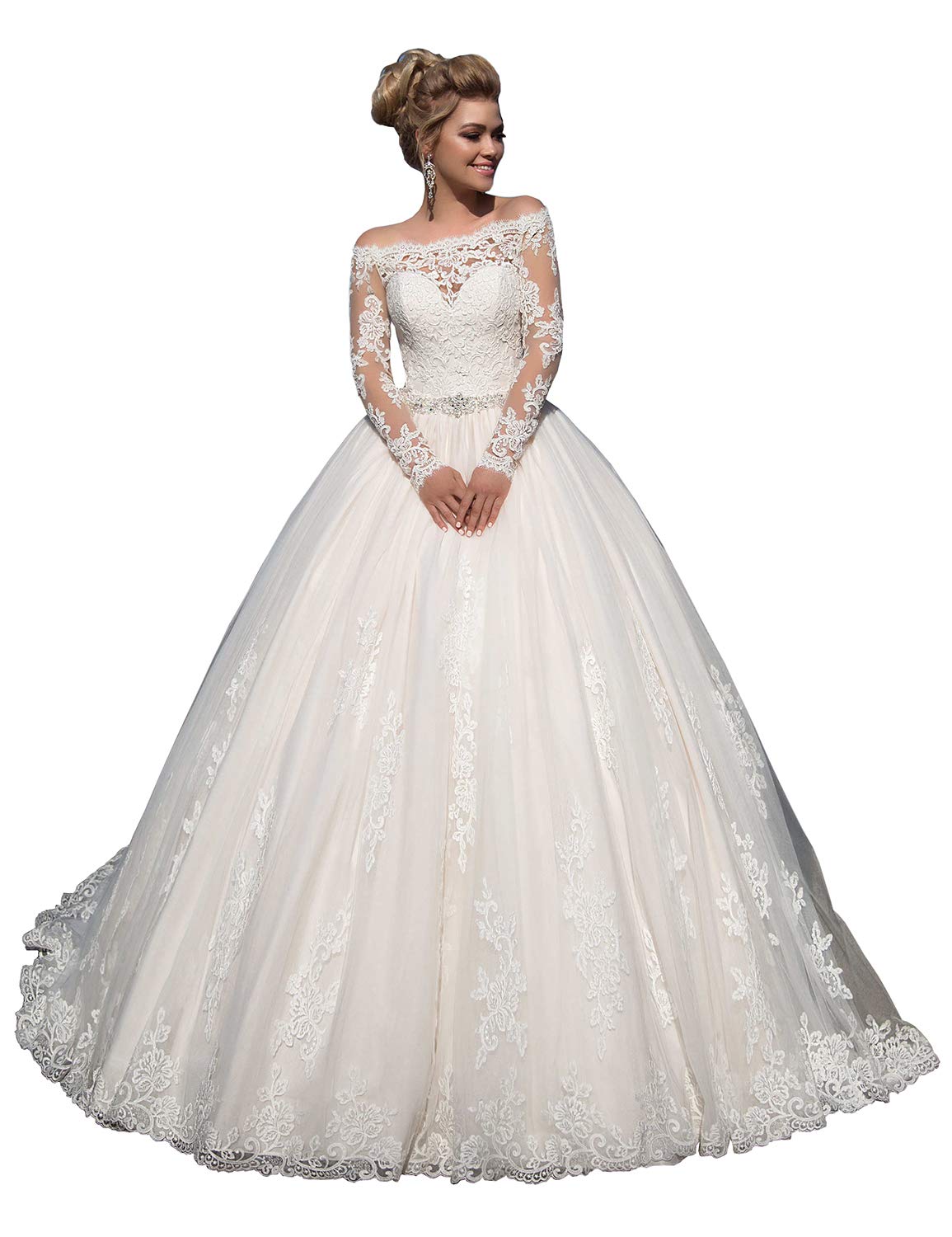 Ivory Lace Beaded Beach Wedding Dress for Bride 2021 - Long Sleeve Princess Bridal Gown - Perfect for Beach Weddings, Outdoor Ceremonies & Romantic Photos
