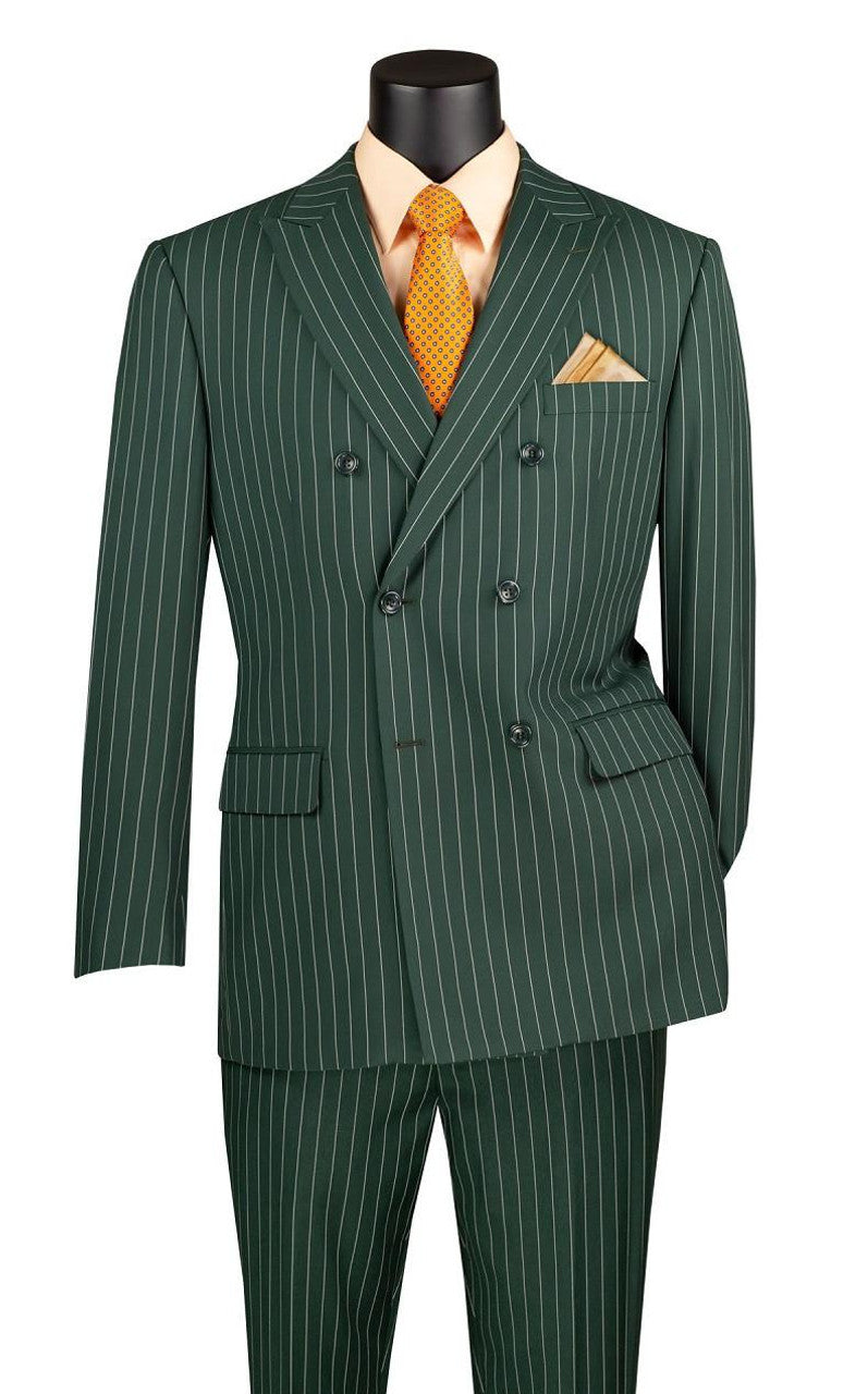 Rockefeller Collection Men's Double Breasted Striped Suit - Hunter Green Regular Fit 2-Piece Business Formal Attire for Weddings, Office & Special Occasions
