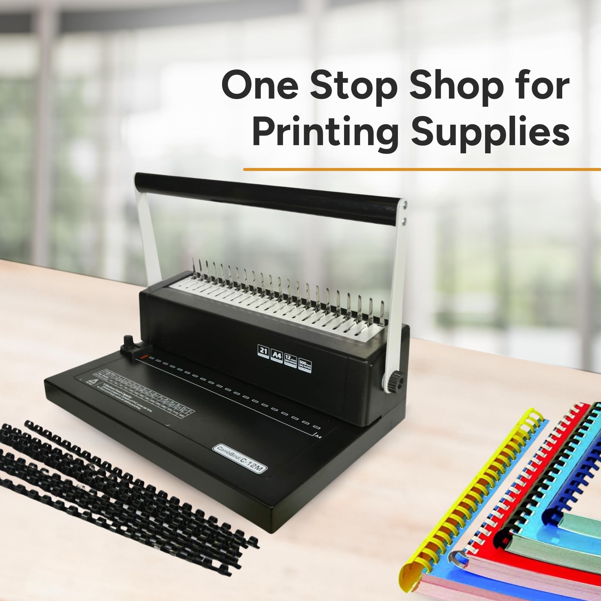 Heavy Duty C-12 Comb Binding Machine with 21-Hole Punch - Includes 100 PCS 5/16