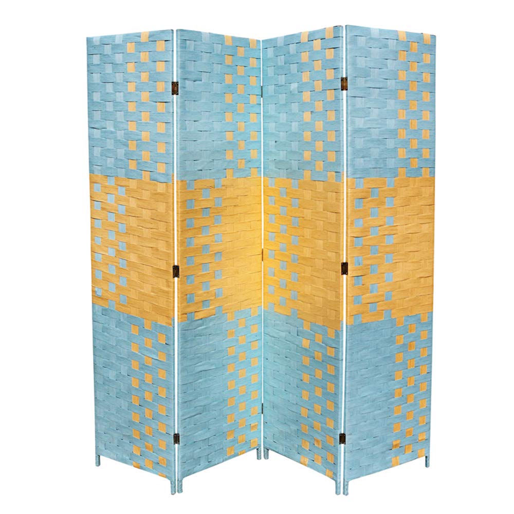 Ore International Handcrafted 4-Panel Room Divider with 2-Inch Legs - Beach Blue & Natural Straw Weave - Perfect for Home Office, Bedroom Privacy, and Beach House Decor