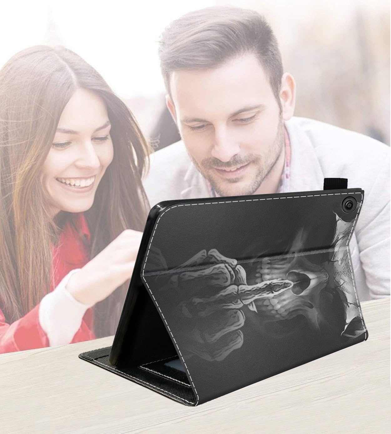 Premium PU Leather Case for Amazon Fire HD 10 Tablet 10.1 Inch (9th/7th Gen 2019/2017) - Slim Protective Cover with Card Slot & Pencil Holder - Funny Skeleton Skull Design - Perfect for Work, School & Travel
