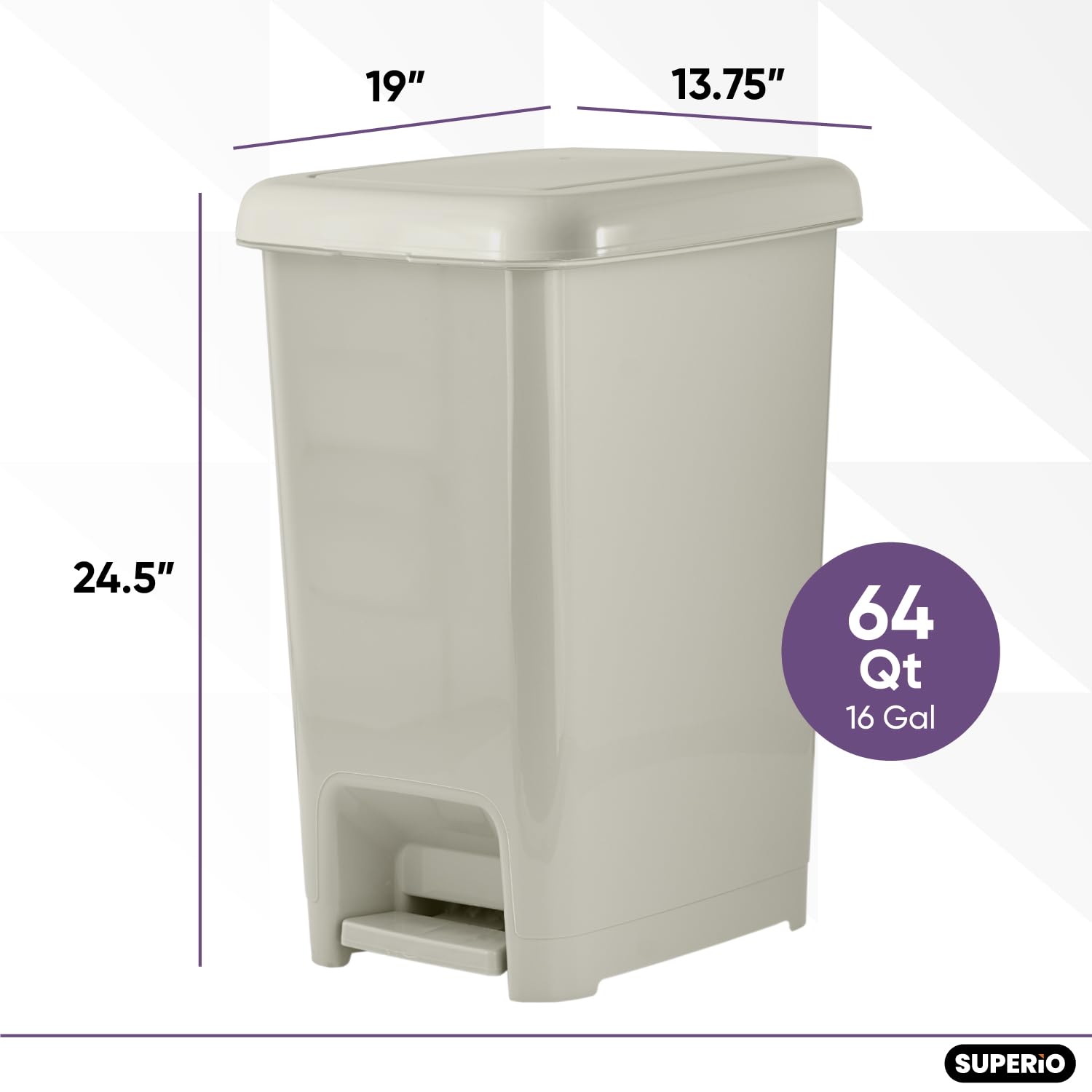 Superio 64 Qt. Slim Step-On Trash Can with Foot Pedal - Large Durable Plastic Kitchen Garbage Bin with Removable Bucket - 16 Gallon Waste & Recycling Bin in Greige - Perfect for Kitchen, Office, Bathroom & Home Use