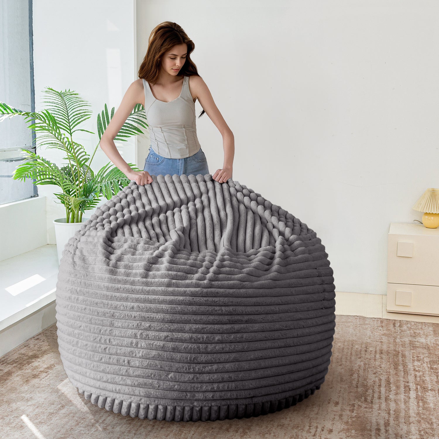 MAXYOYO Giant Bean Bag Chair Bed - Extra Large Striped Faux Fur Beanbag for Adults & Teens, Grey - Perfect for Living Room, Bedroom, Game Room & Dorm Relaxation