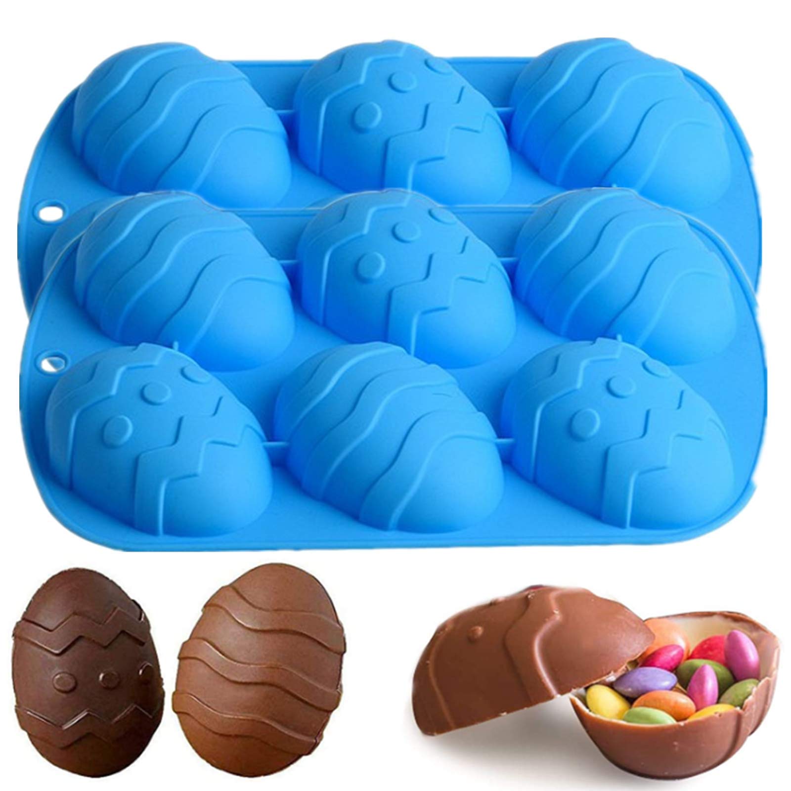 6 Holes Silicone Easter Egg Molds for Chocolate - Large 3.5 Inch Cocoa Bombs & Breakable Chocolate Shells (2 Pack, Easter Blue) - Perfect for DIY Chocolate Making, Holiday Baking & Easter Treats