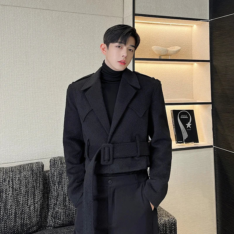 Men's Thick Wool Short Belt Jacket - Korean Fashion Solid Color Coat for Autumn & Winter | Stylish Designer Outerwear for Casual & Formal Occasions