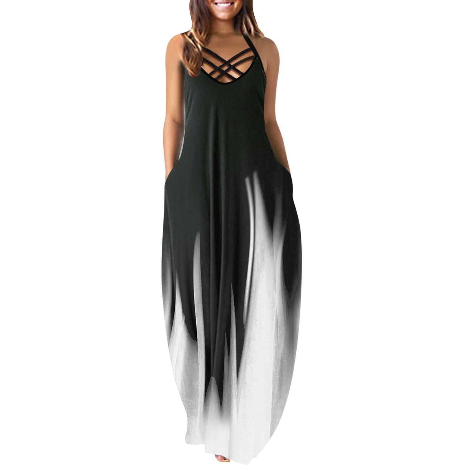 Plus Size Women's Slip Dresses - Sleeveless V-Neck Tie Dye Summer Dresses with Pockets | Casual Loose Long Dress for Beach, Vacation & Everyday Wear