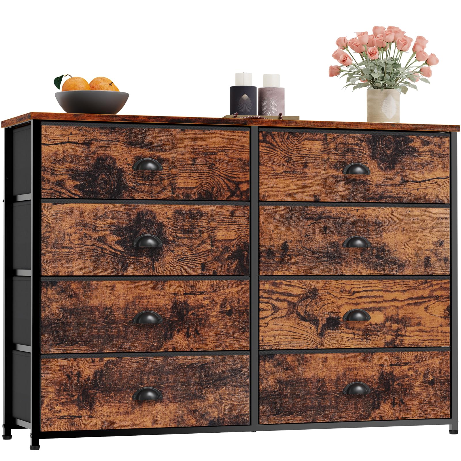 Industrial Rustic Brown Fabric Dresser with 8 Large Drawers & Wood Top - Sturdy Metal Frame Wide Console Table for 50