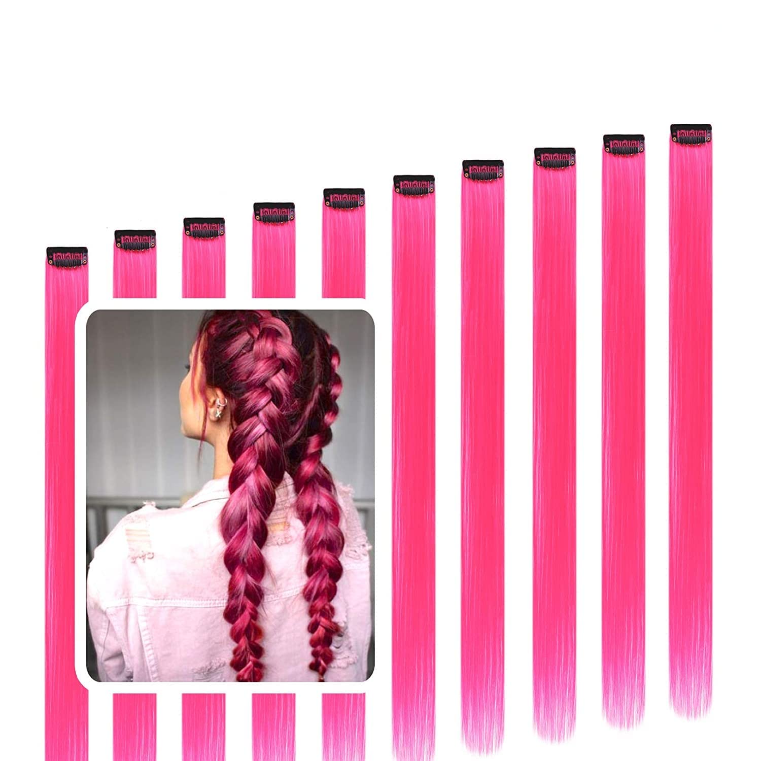Raaya Set of 2 Pcs Clip-in Hair Extensions for Women & Girls - Pink Colored Synthetic Hair Extensions for Volume & Length - Perfect for Parties, Weddings & Daily Styling